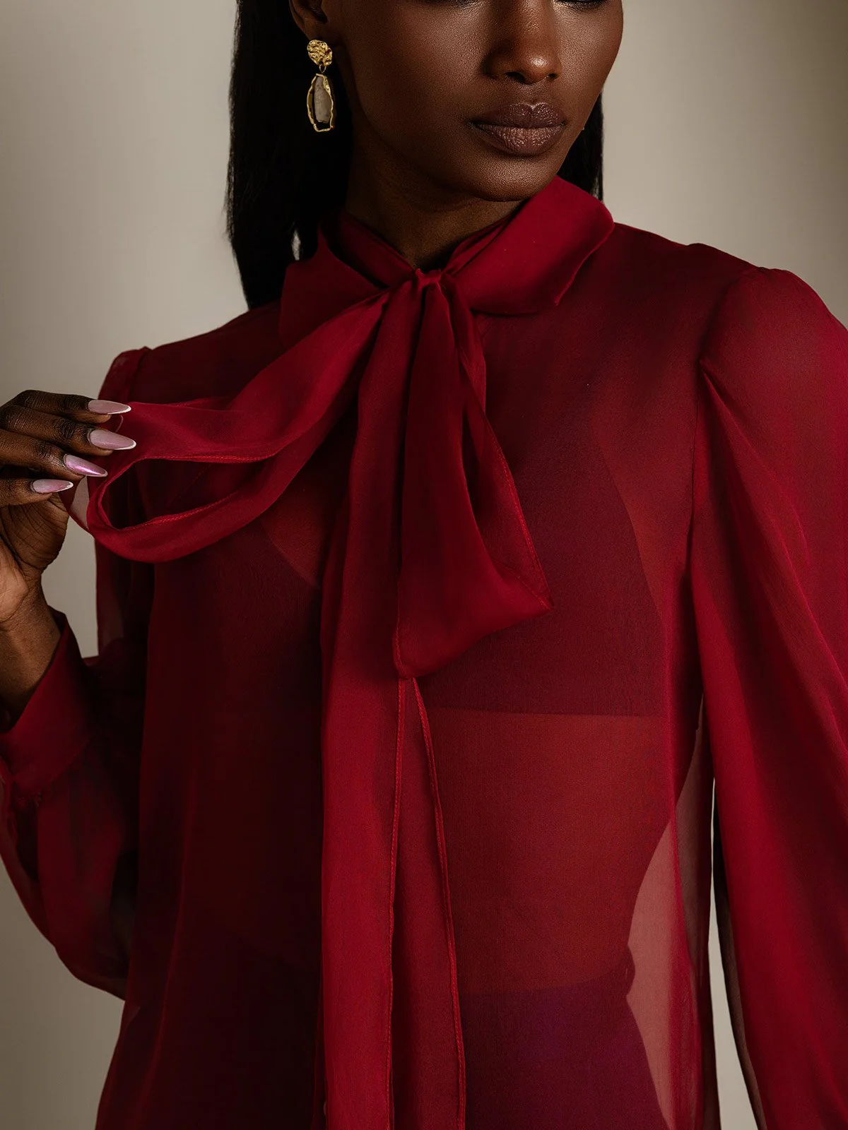 Clearance - Damen Schluppenbluse aus Reinem Seidenchiffon mit Laternenärmeln - Image 8