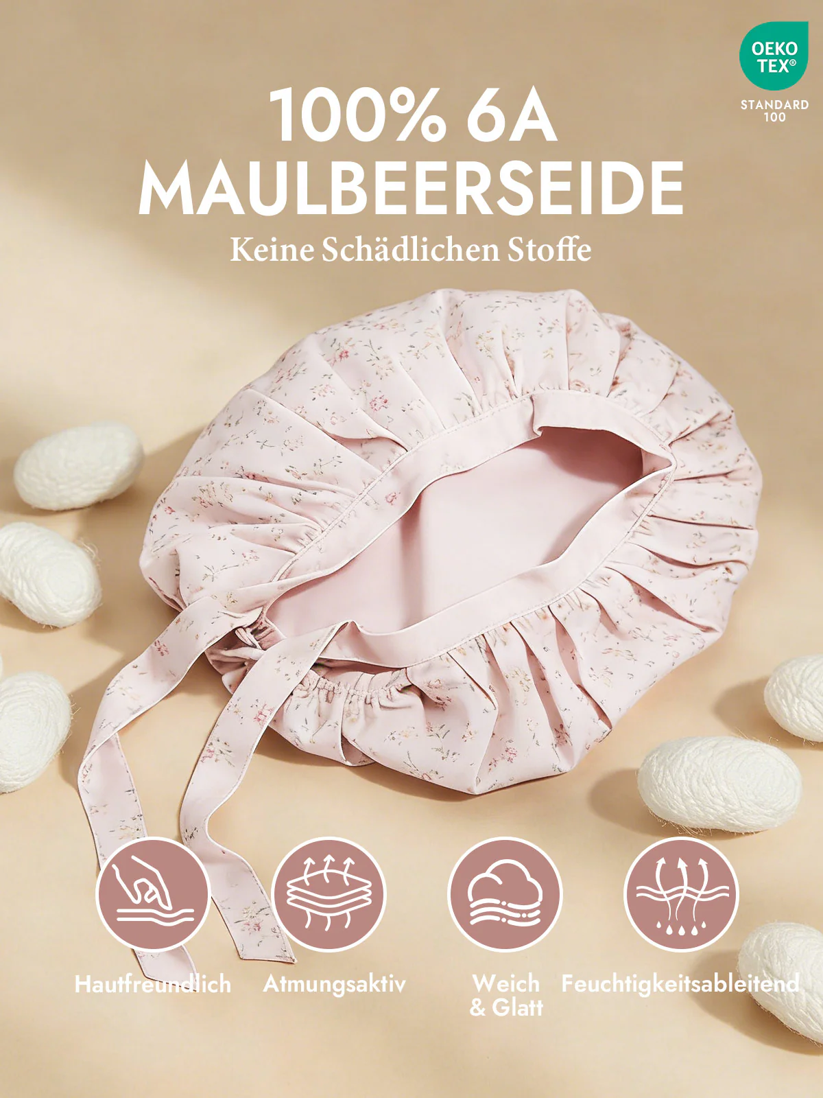 Schlafhaube aus 100% Maulbeerseide mit Bändern - Image 44