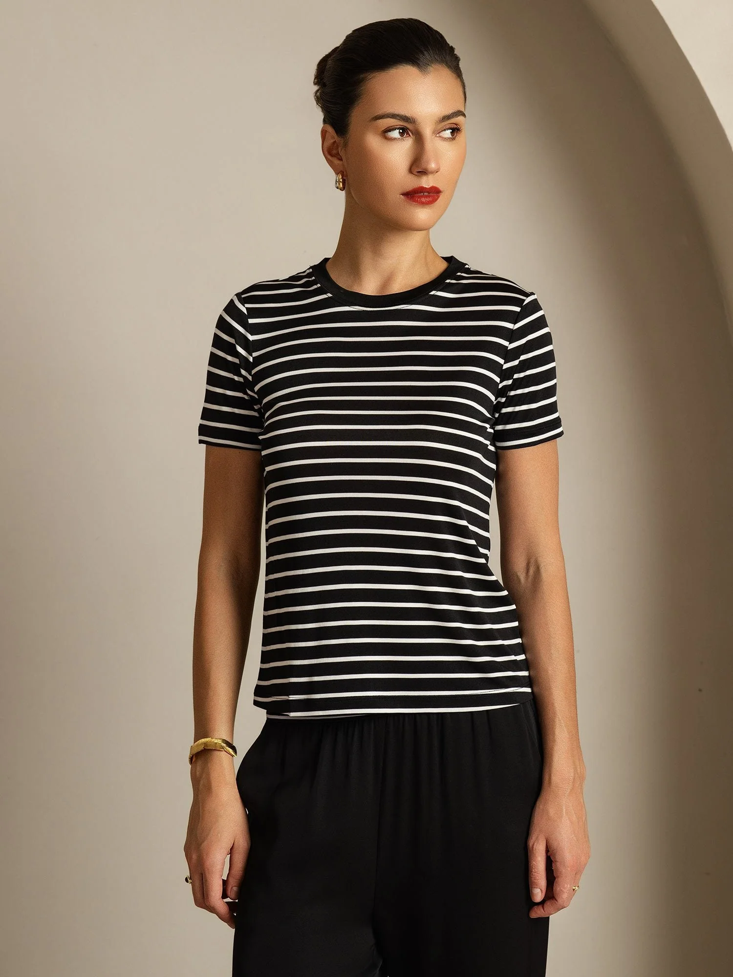 Damen Reine Seide Rundhals Kurzarm Sport Streifen T-Shirt - Image 11