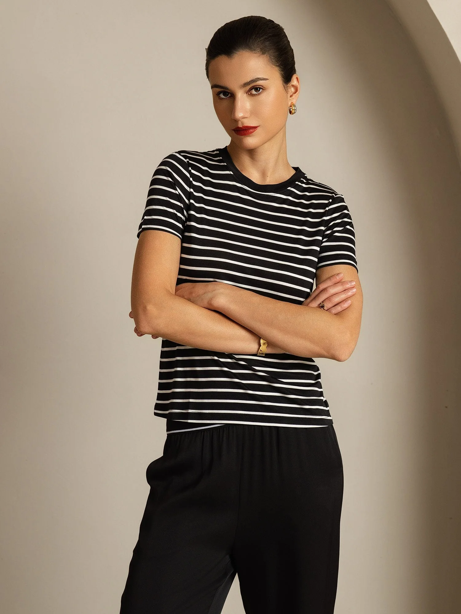 Damen Reine Seide Rundhals Kurzarm Sport Streifen T-Shirt - Image 13