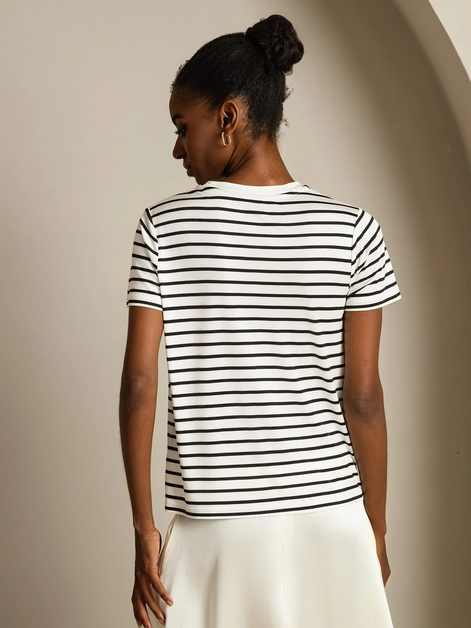 Damen Reine Seide Rundhals Kurzarm Sport Streifen T-Shirt - Image 2
