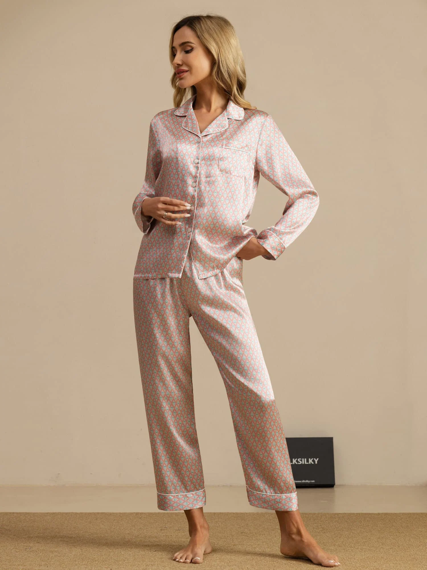 Damen Pyjama-Set Aus Reiner Seide Mit Geometrischem Print Langarm Und Hose - Image 11