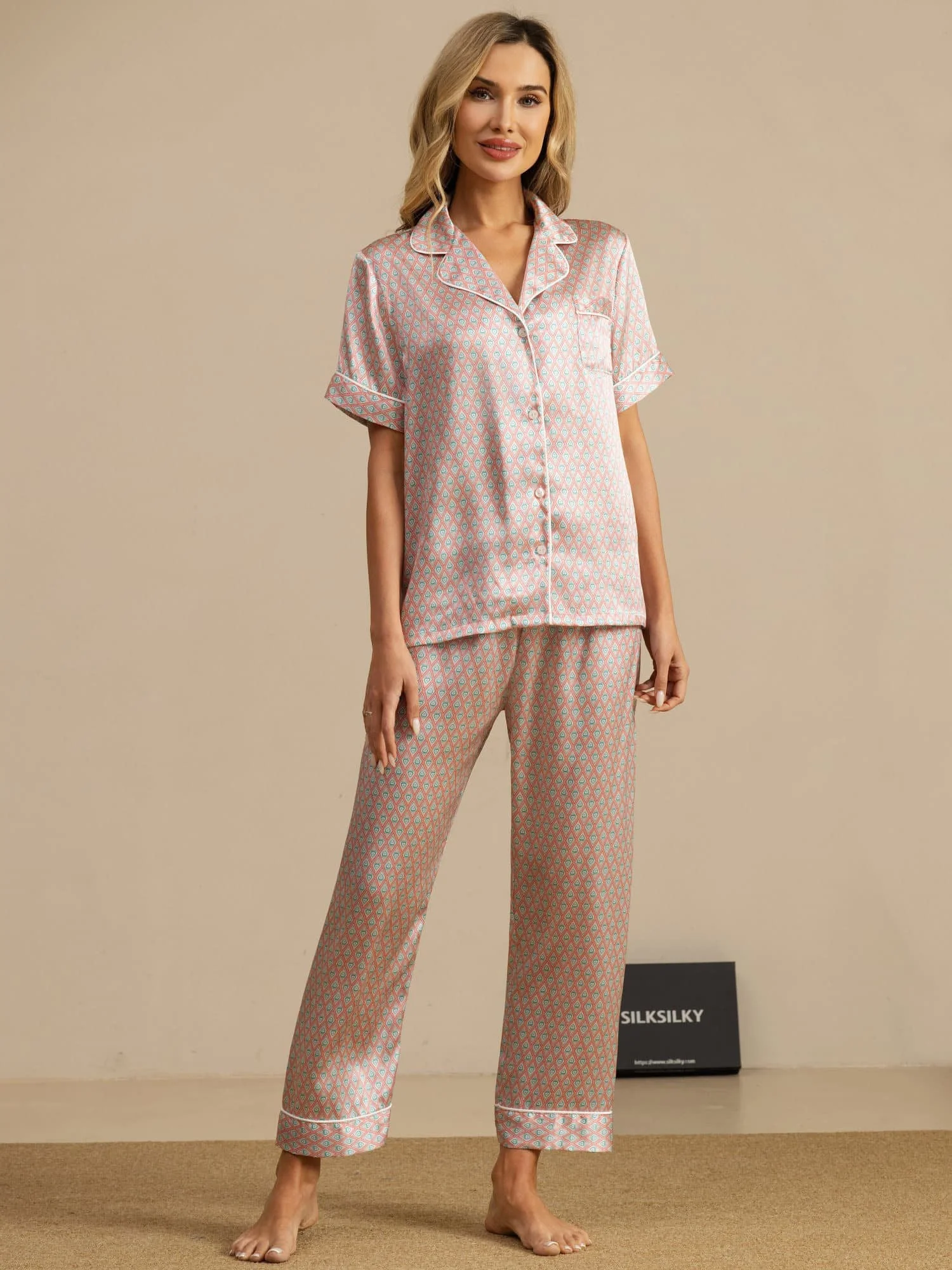 Reines Seidenpyjama Set Mit Geometrischem Druck Kurzarm Reverskragen Damen Mit Hose - Image 12
