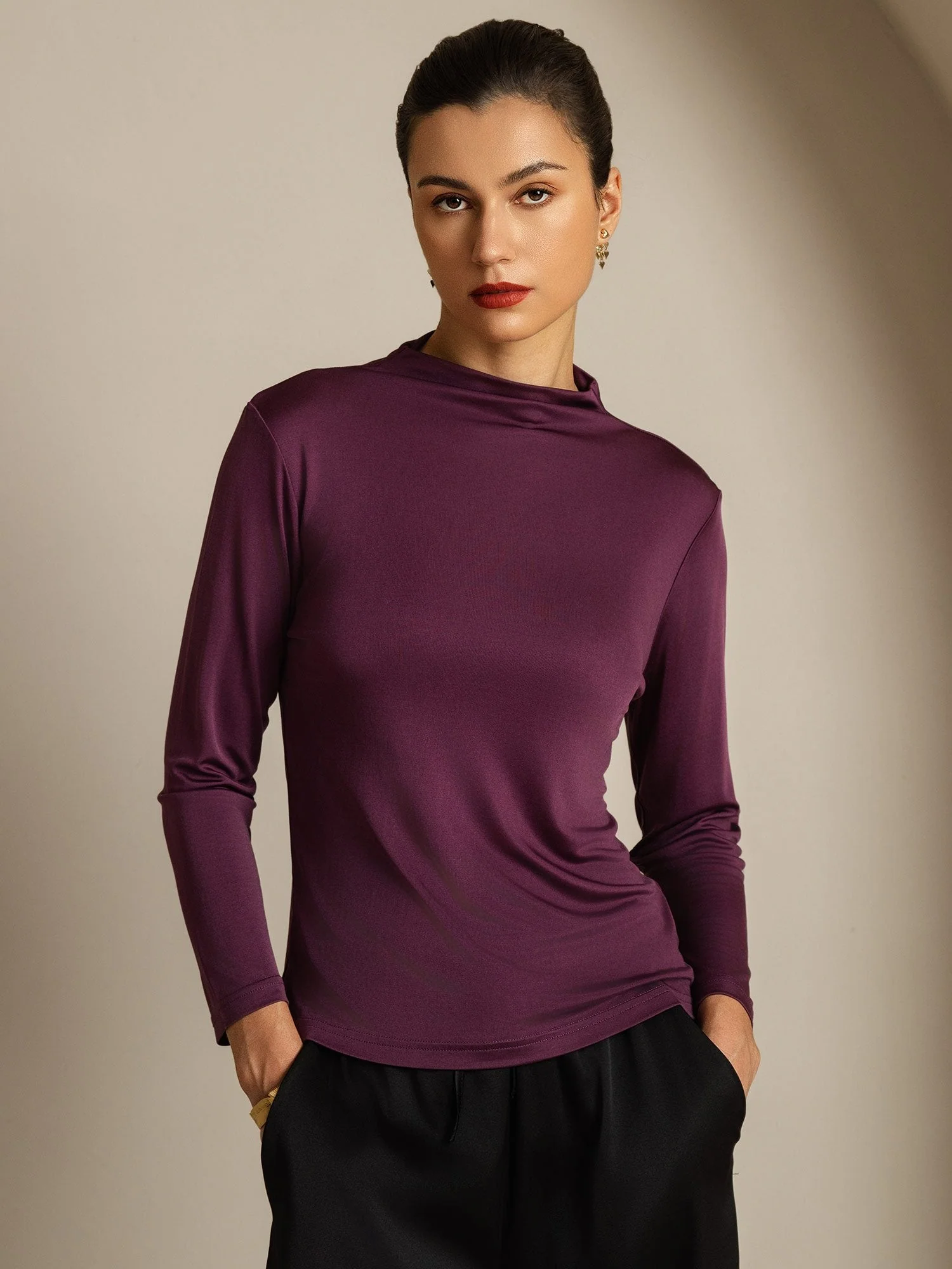 Damen Reines Seiden Langarm Mock Top