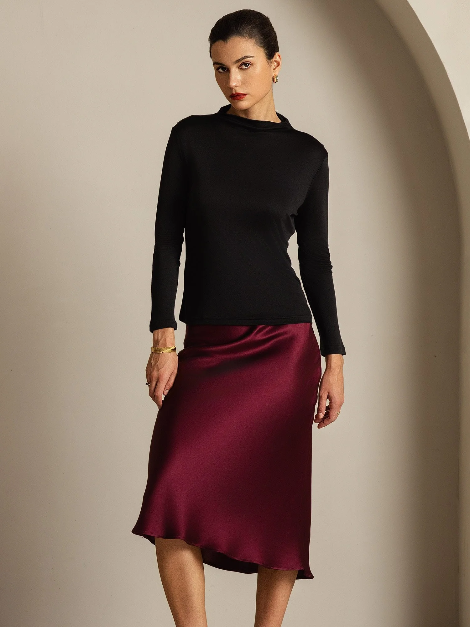 Damen Reines Seiden Langarm Mock Top - Image 15