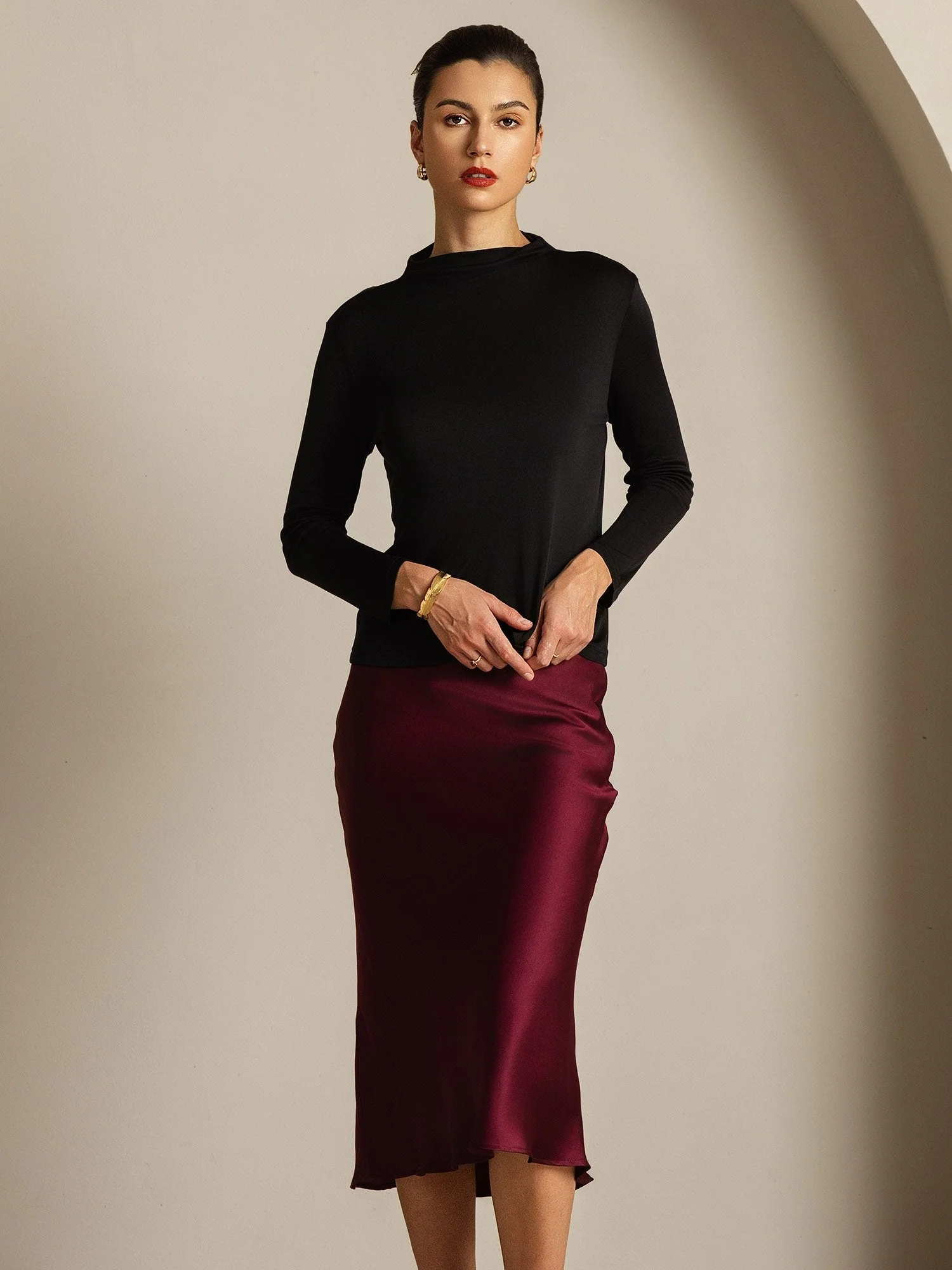 Damen Reines Seiden Langarm Mock Top - Image 16