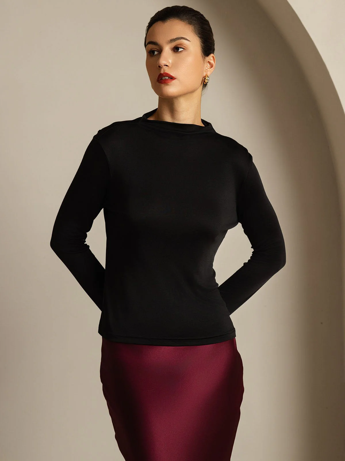 Damen Reines Seiden Langarm Mock Top - Image 17