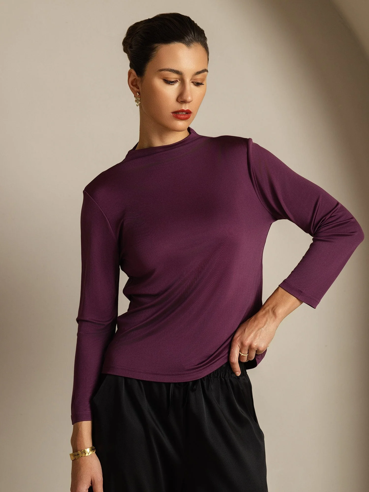 Damen Reines Seiden Langarm Mock Top - Image 3