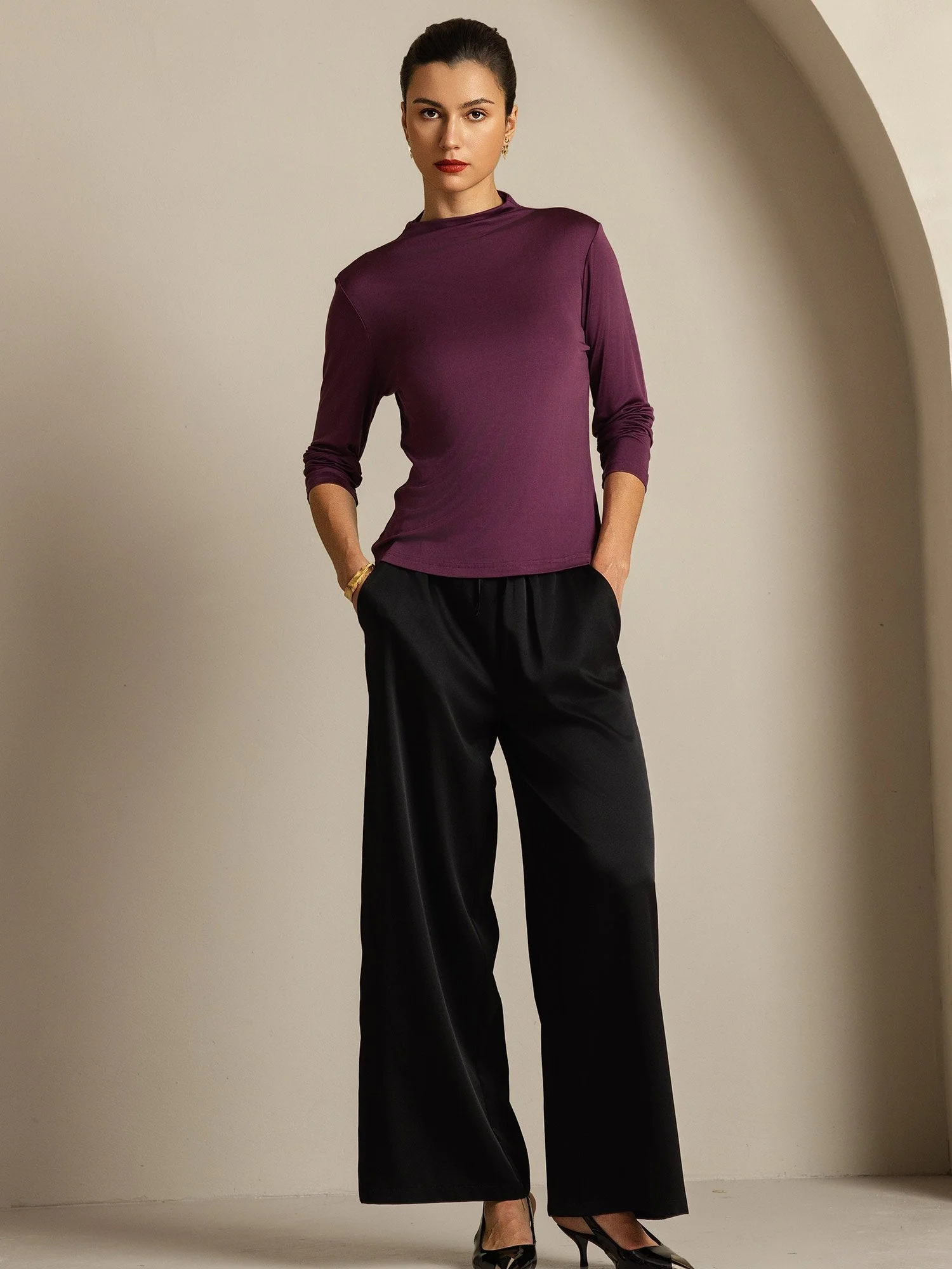 Damen Reines Seiden Langarm Mock Top - Image 5
