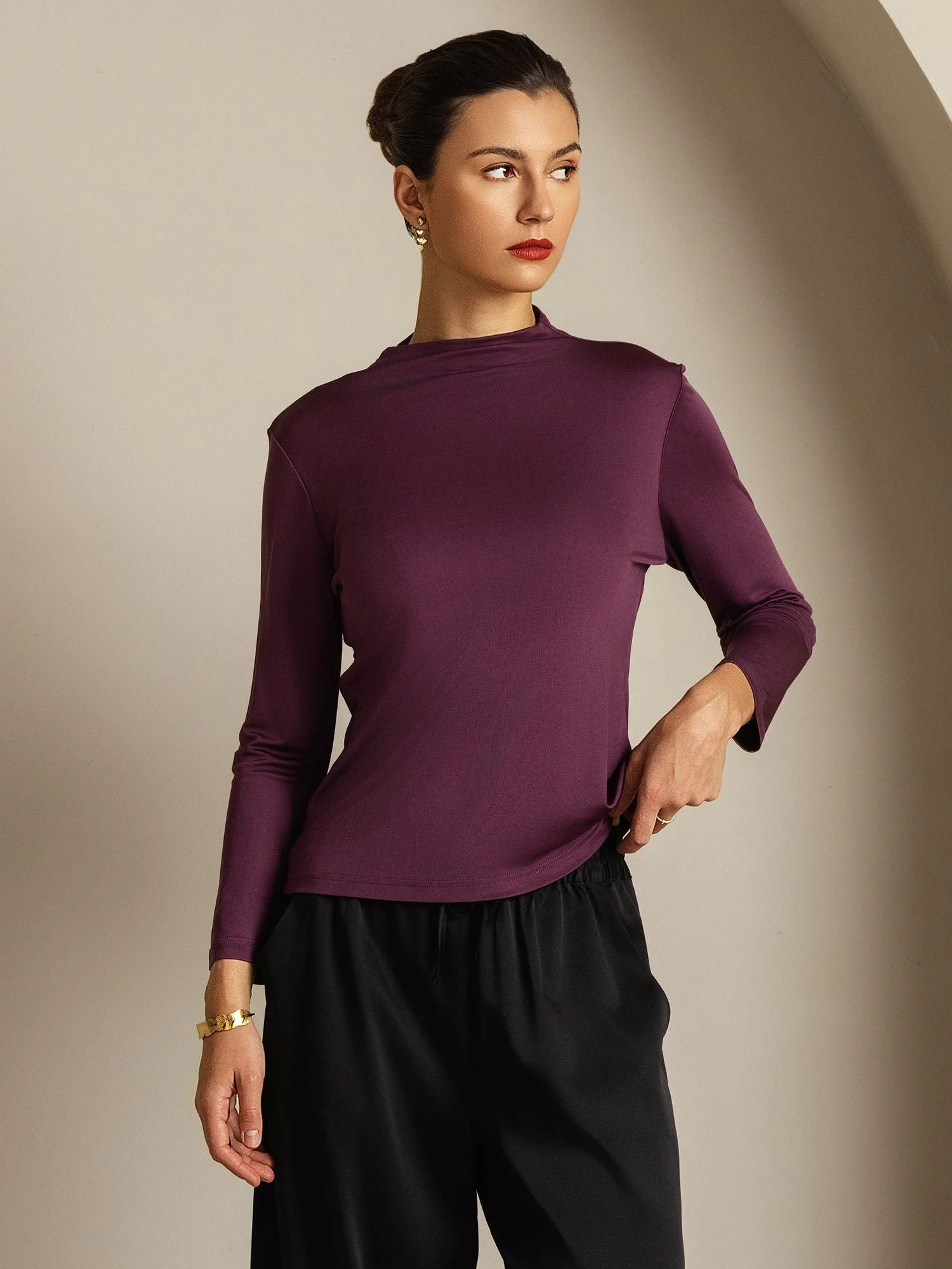 Damen Reines Seiden Langarm Mock Top - Image 9