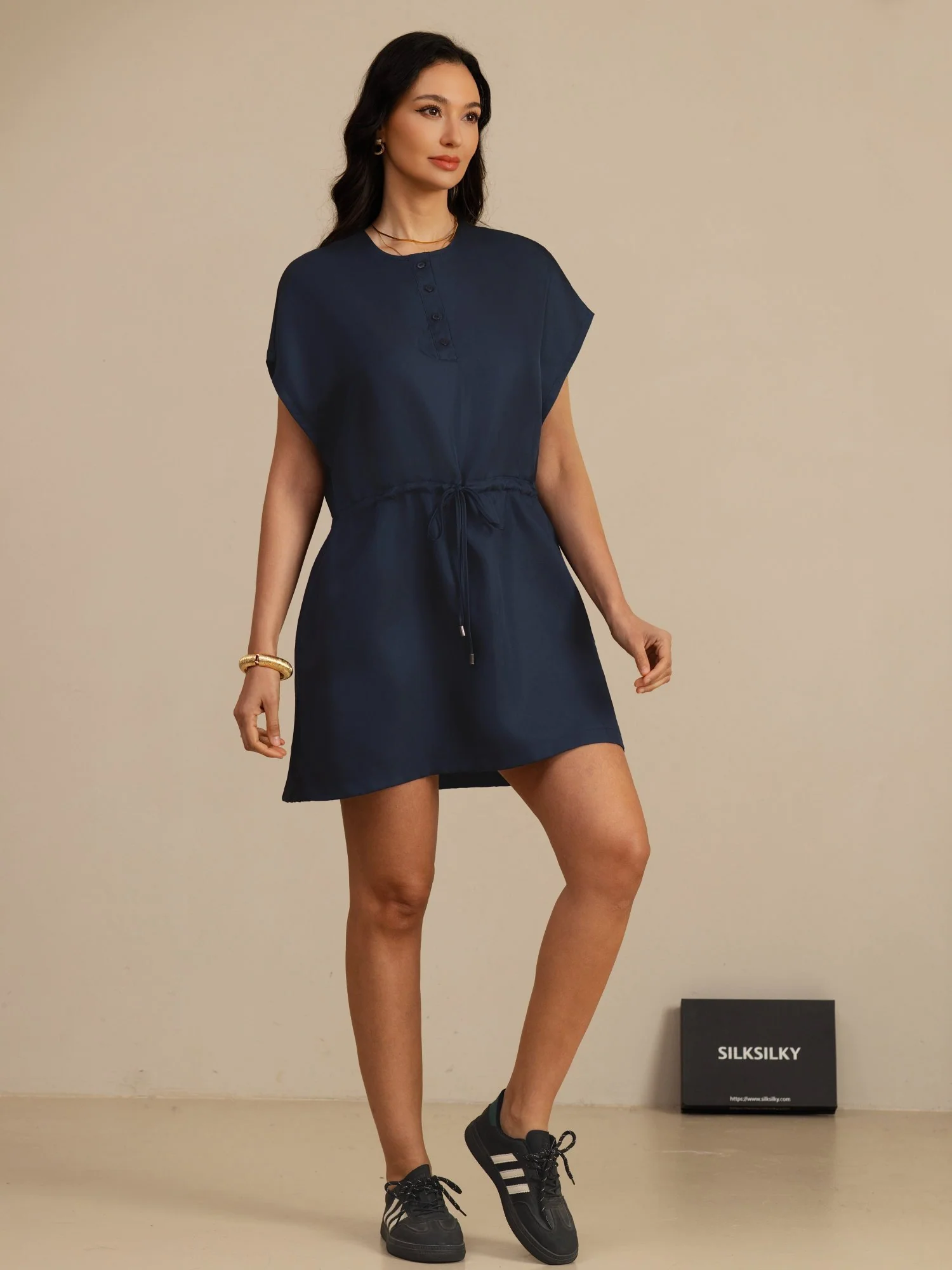 Reine Seide Henley Kragen Cap Ärmel Kurzes Kleid Mit Kordelzug - Image 21