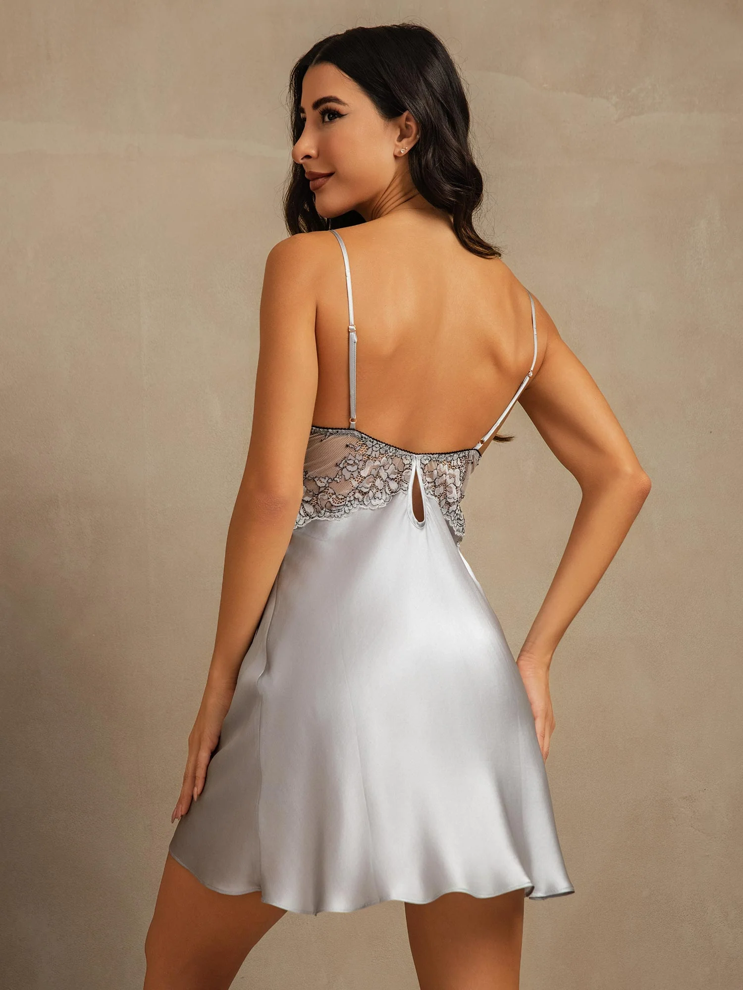 100% Maulbeerseide Nachthemd Mit Spitzenbesatz V-Ausschnitt Sexy Chemise - Image 17