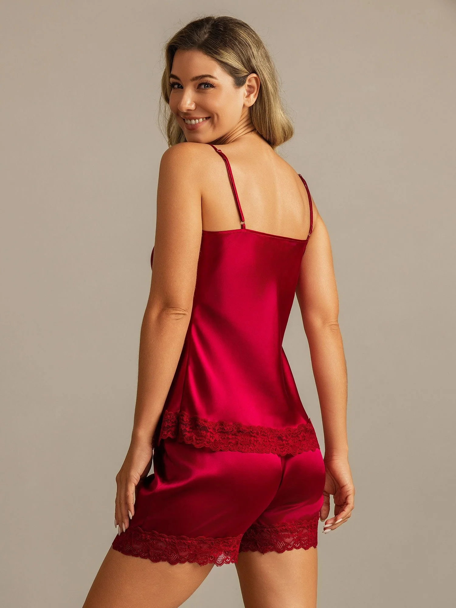 Reine Seide Spitzenbesatz Spaghettiträger V Ausschnitt Sexy Camisole Set - Image 2