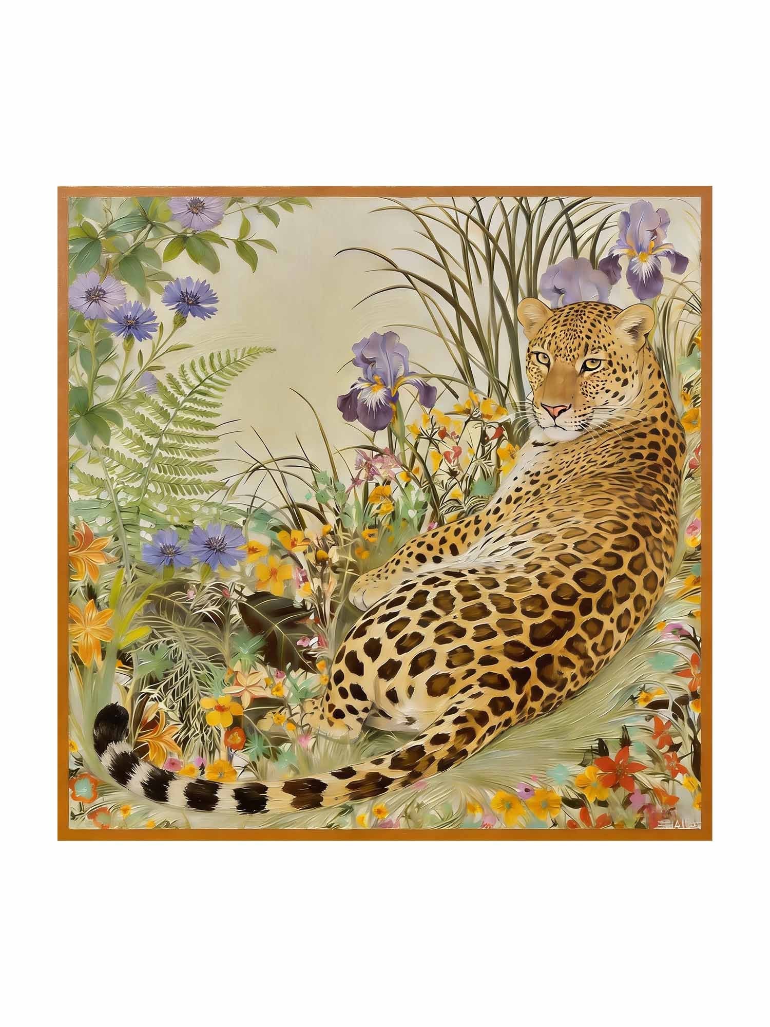 Reine Seide Leopard & Floral Schal - Größe 90x90cm