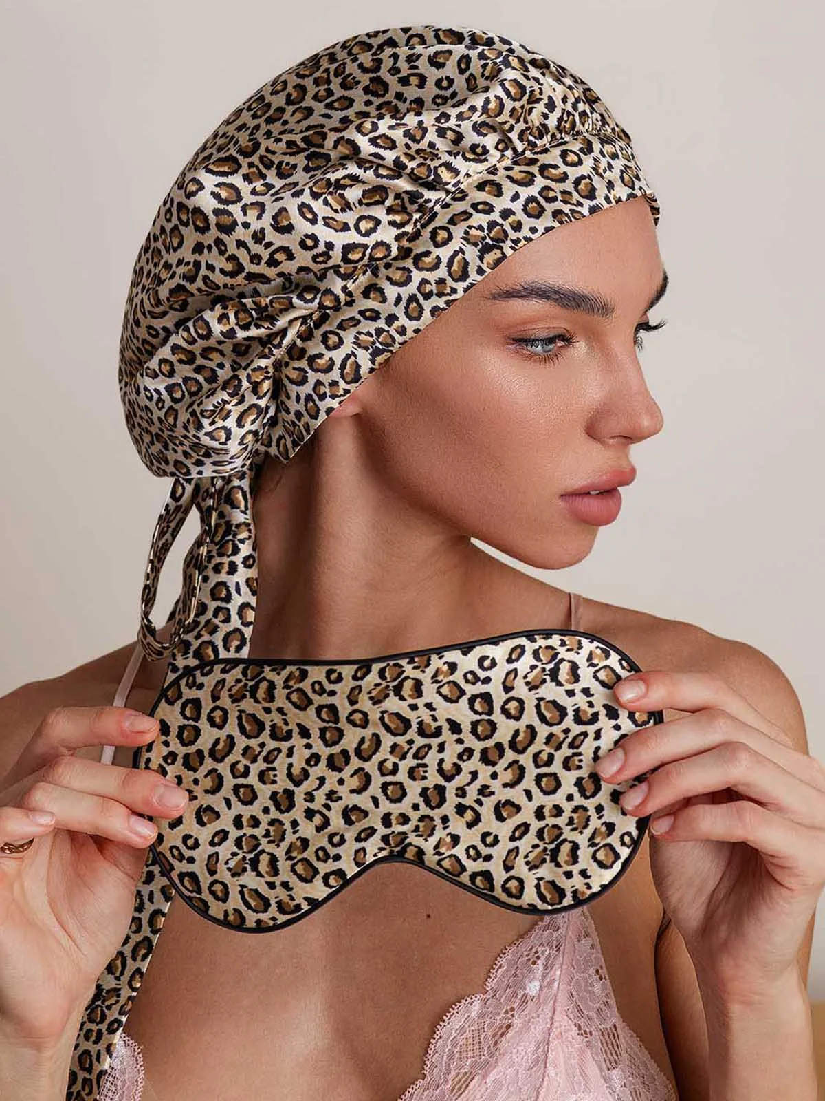 Reine Seide Leopardenmuster Seidenhaube + Augenmaske Set - Image 5