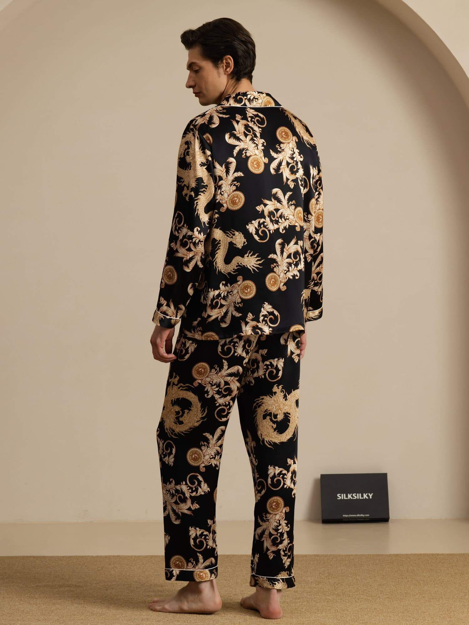 Pure Seide Herren Drachen Print Langarm Notch Kragen Pyjama Set - Image 10