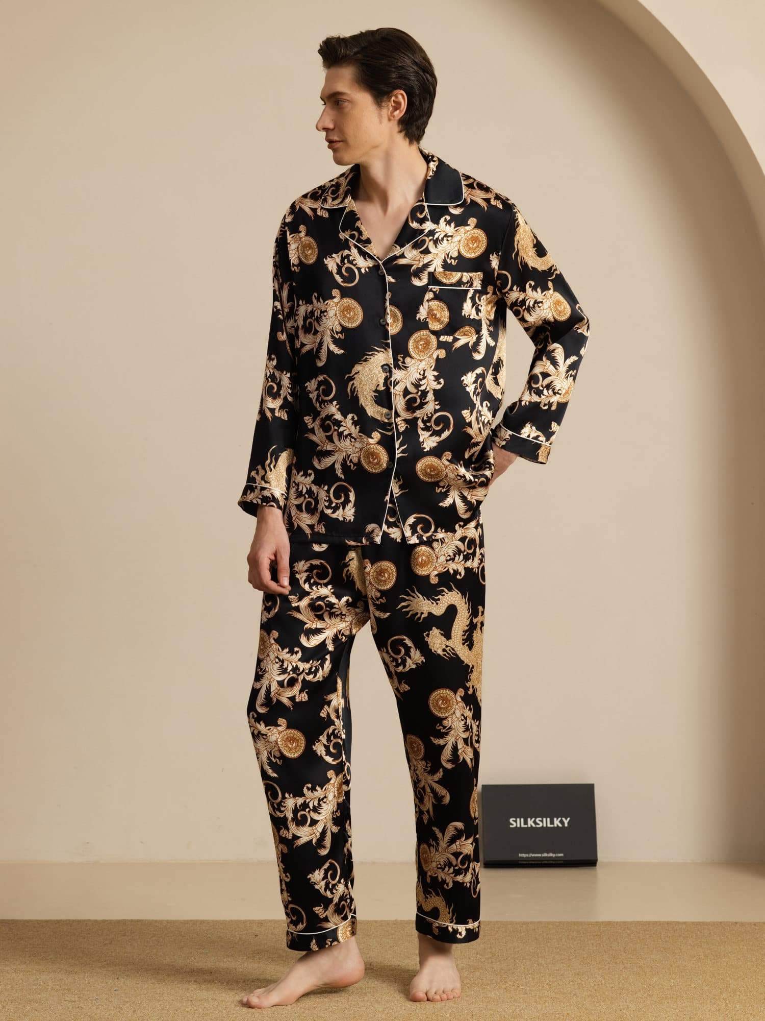 Pure Seide Herren Drachen Print Langarm Notch Kragen Pyjama Set - Image 14