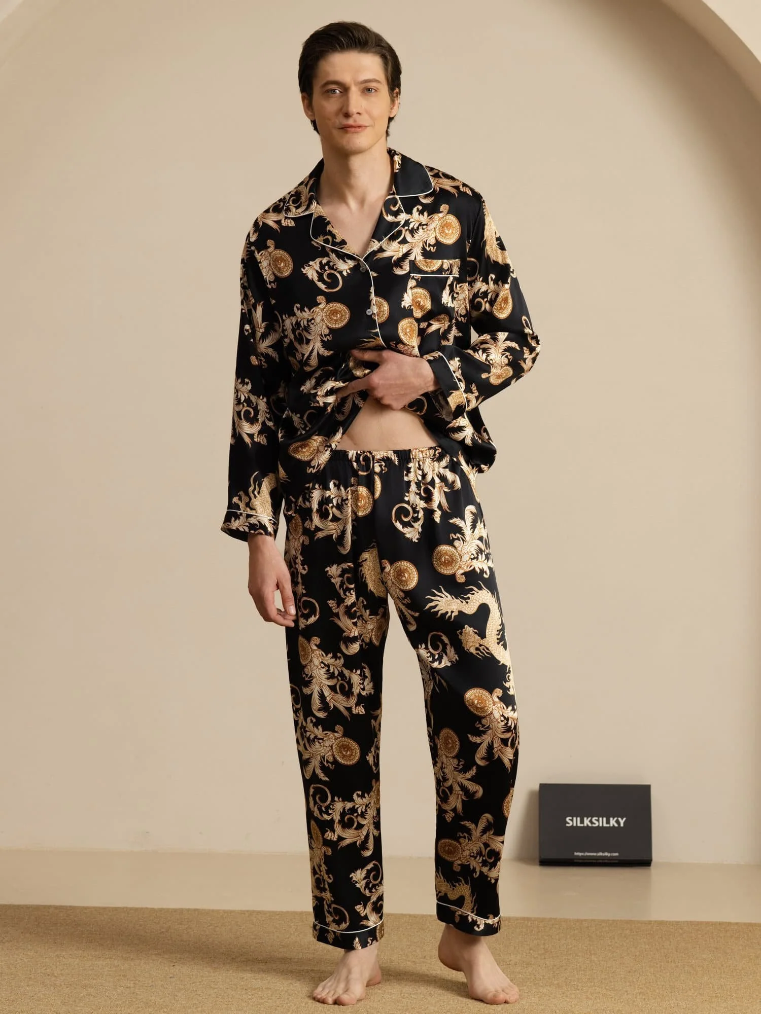 Pure Seide Herren Drachen Print Langarm Notch Kragen Pyjama Set - Image 15