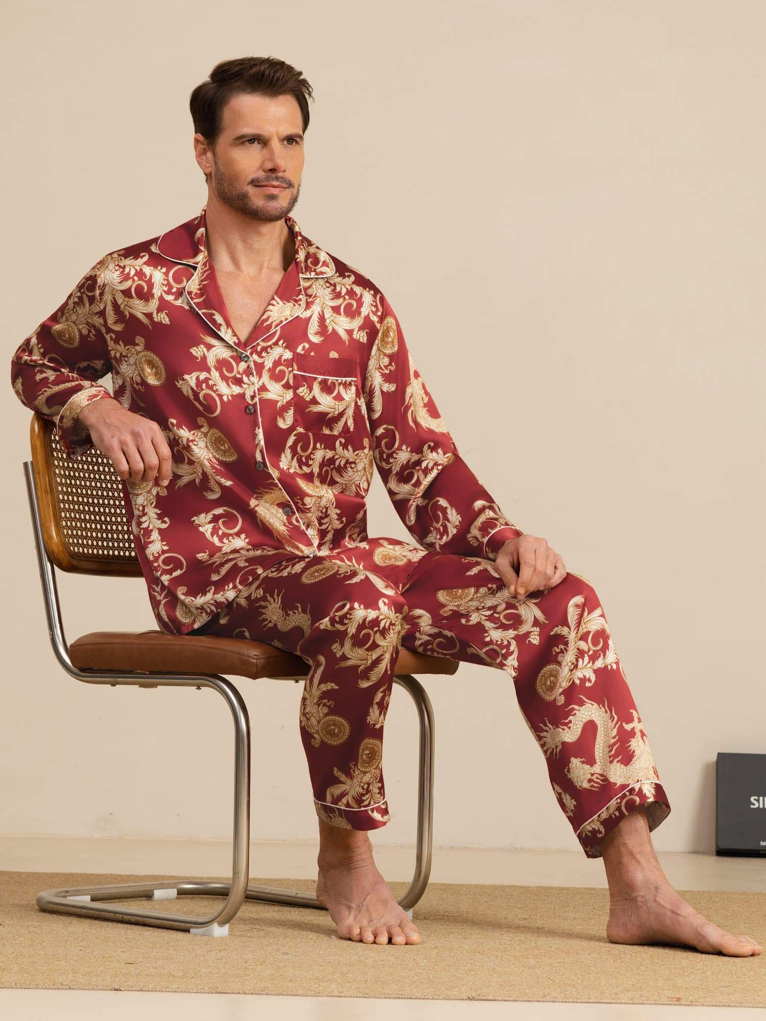 Pure Seide Herren Drachen Print Langarm Notch Kragen Pyjama Set - Image 16