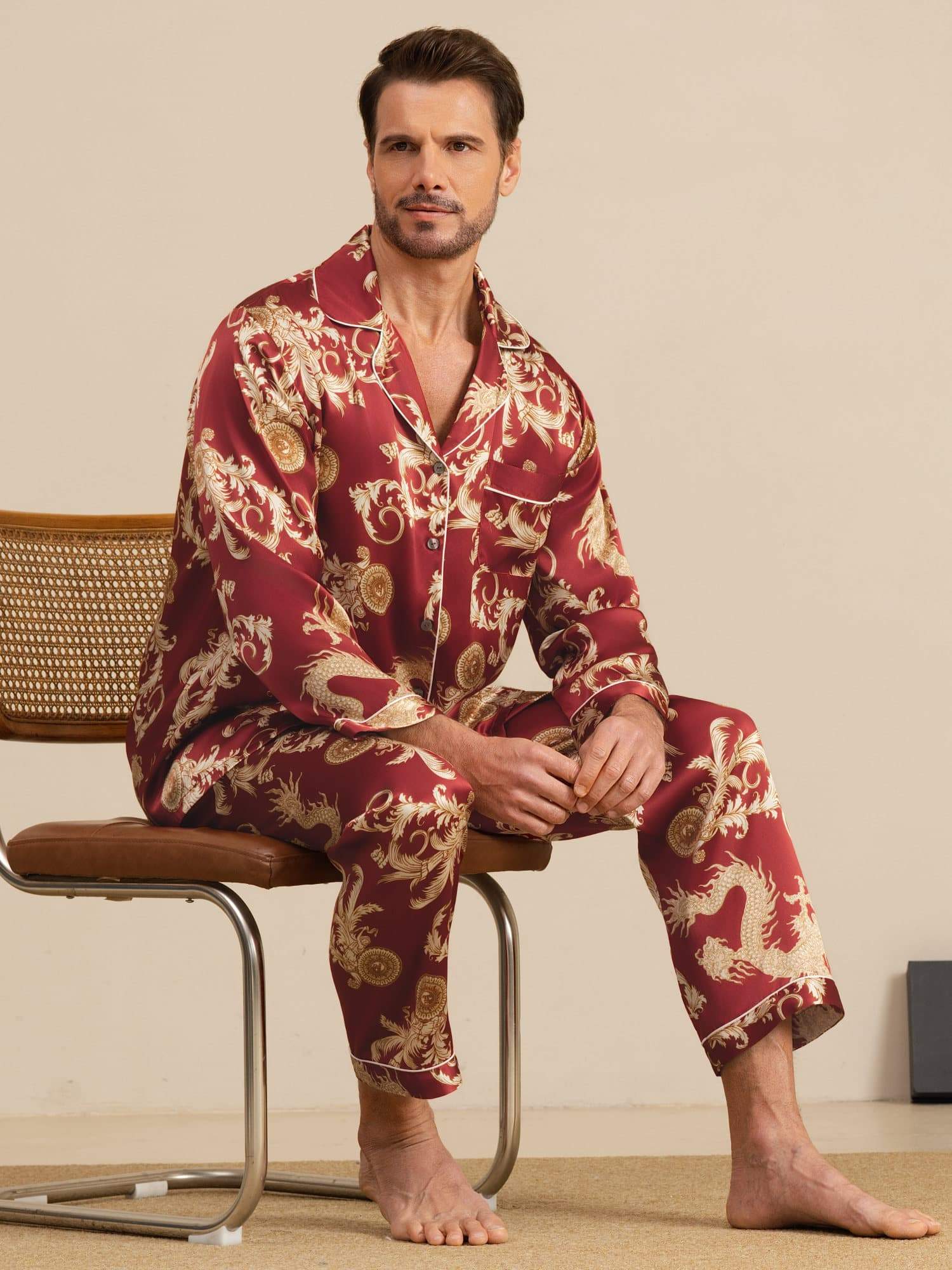Pure Seide Herren Drachen Print Langarm Notch Kragen Pyjama Set - Image 20
