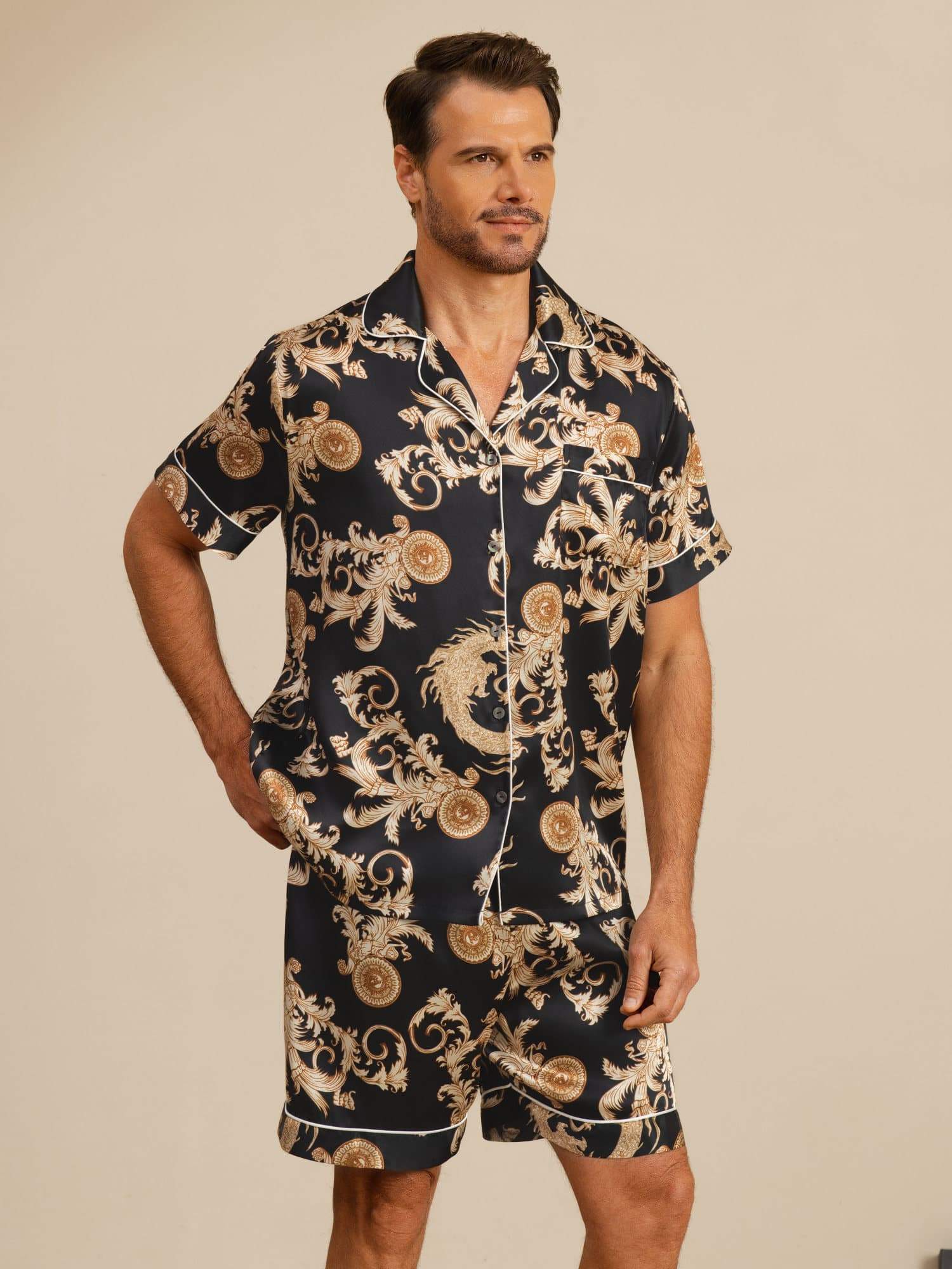 Pure Seide Herren Drachen Print Kurzarm Notch Kragen Pyjama Set