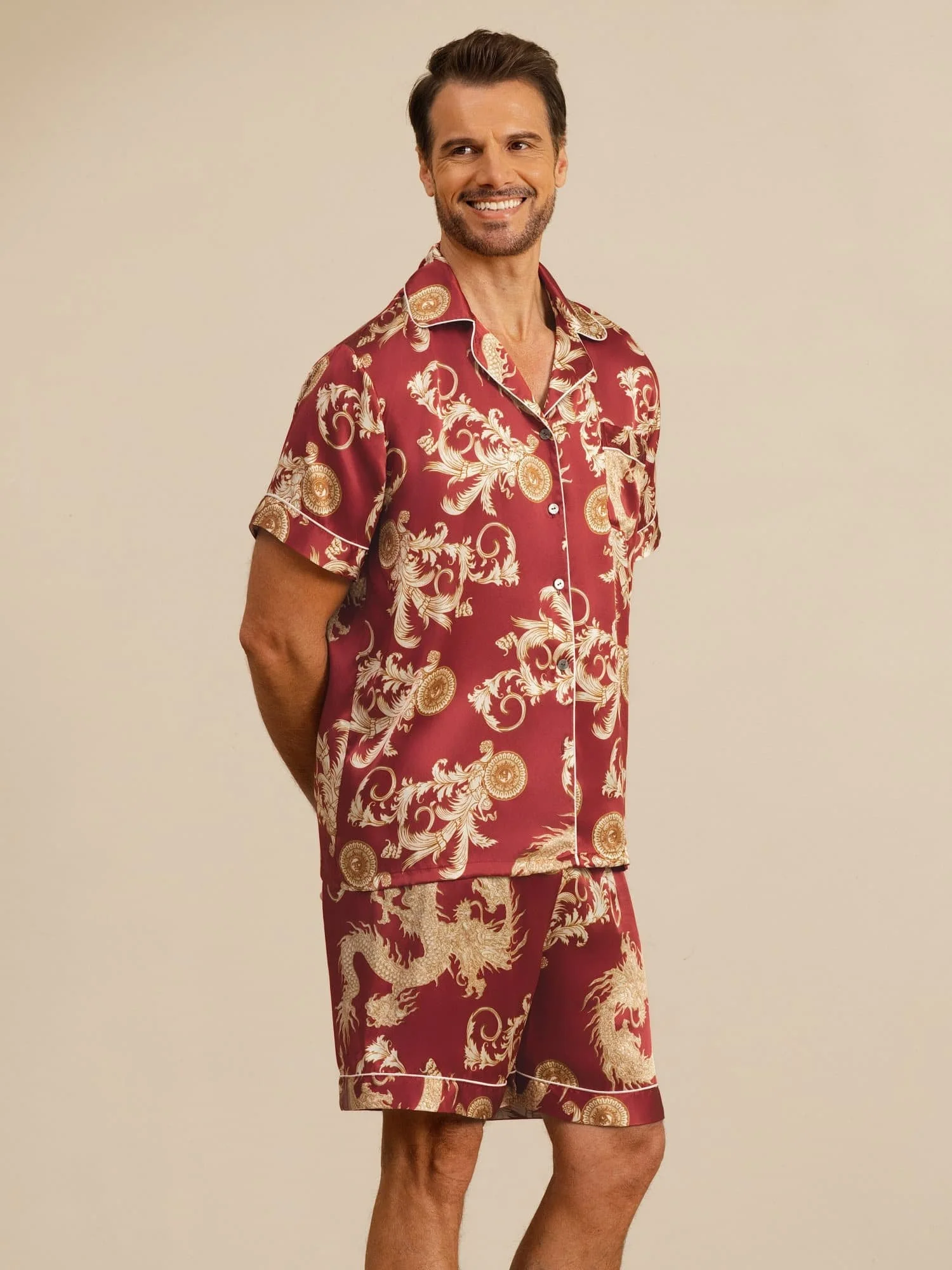 Pure Seide Herren Drachen Print Kurzarm Notch Kragen Pyjama Set - Image 10