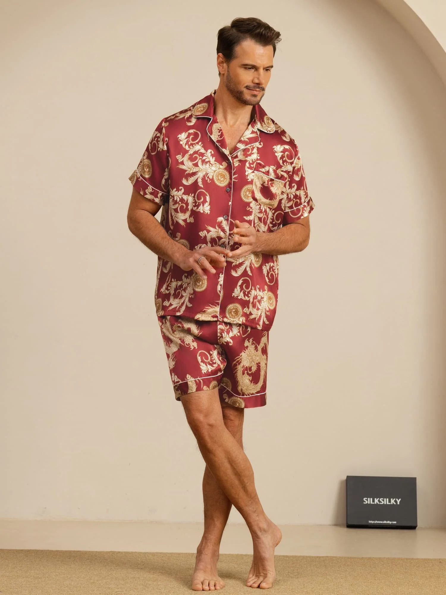 Pure Seide Herren Drachen Print Kurzarm Notch Kragen Pyjama Set - Image 14