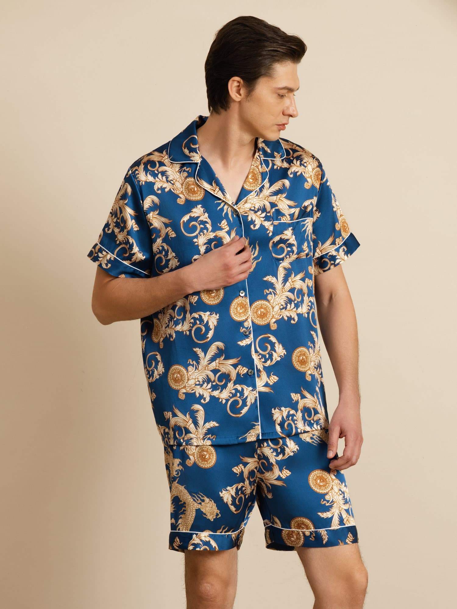 Pure Seide Herren Drachen Print Kurzarm Notch Kragen Pyjama Set - Image 15