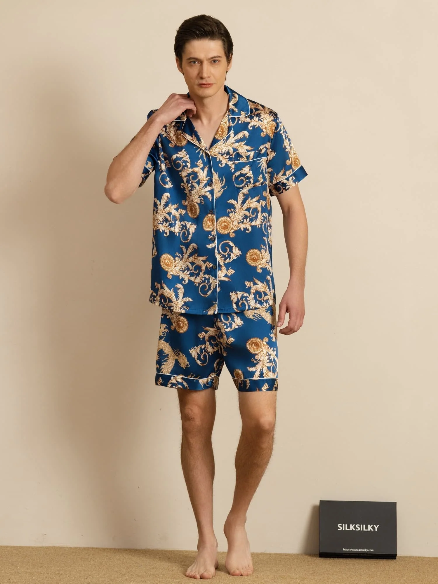 Pure Seide Herren Drachen Print Kurzarm Notch Kragen Pyjama Set - Image 20
