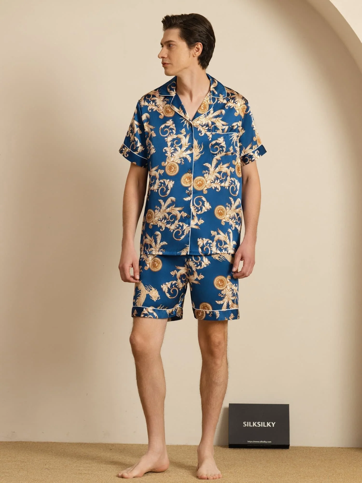Pure Seide Herren Drachen Print Kurzarm Notch Kragen Pyjama Set - Image 21
