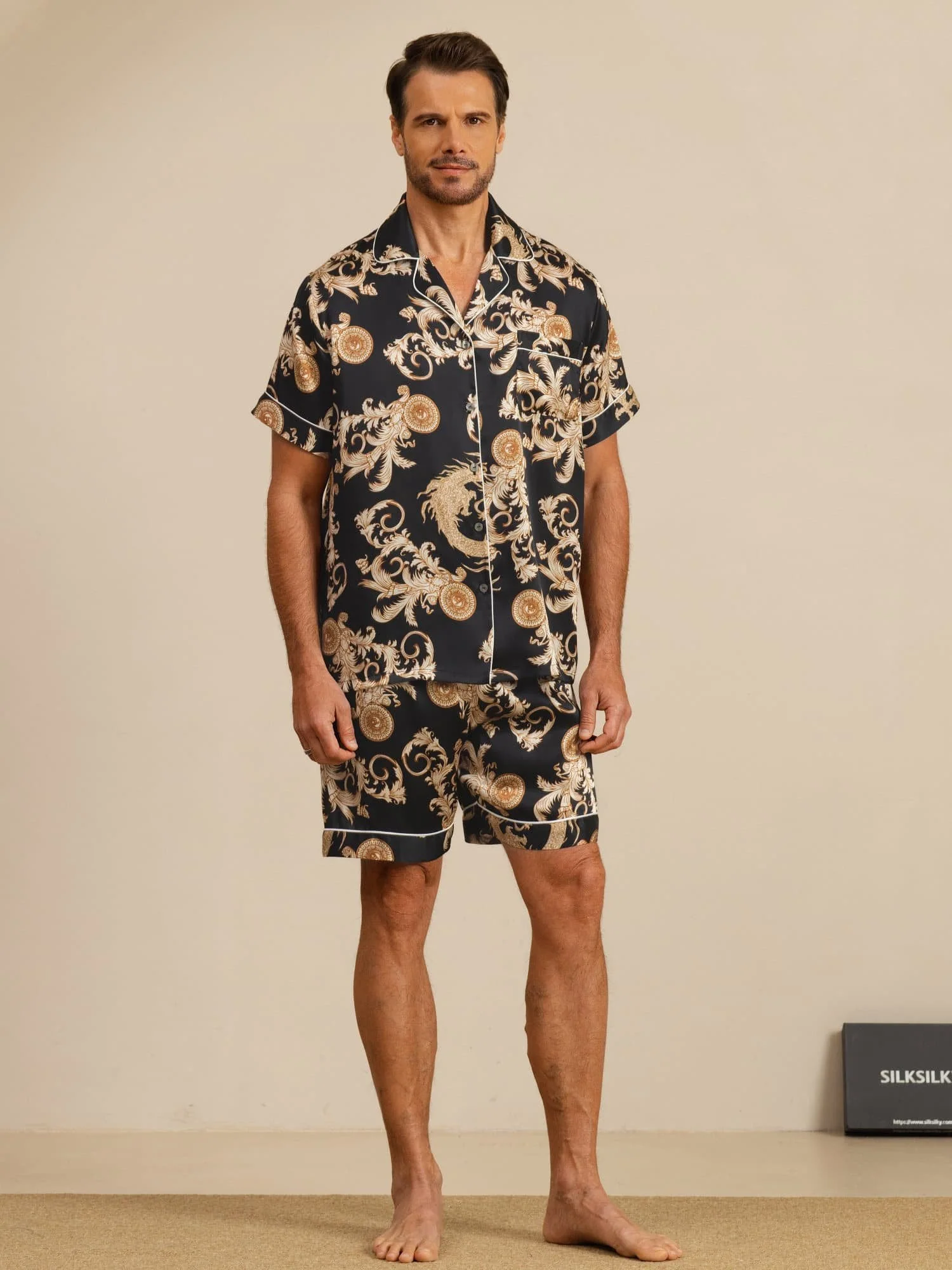 Pure Seide Herren Drachen Print Kurzarm Notch Kragen Pyjama Set - Image 3