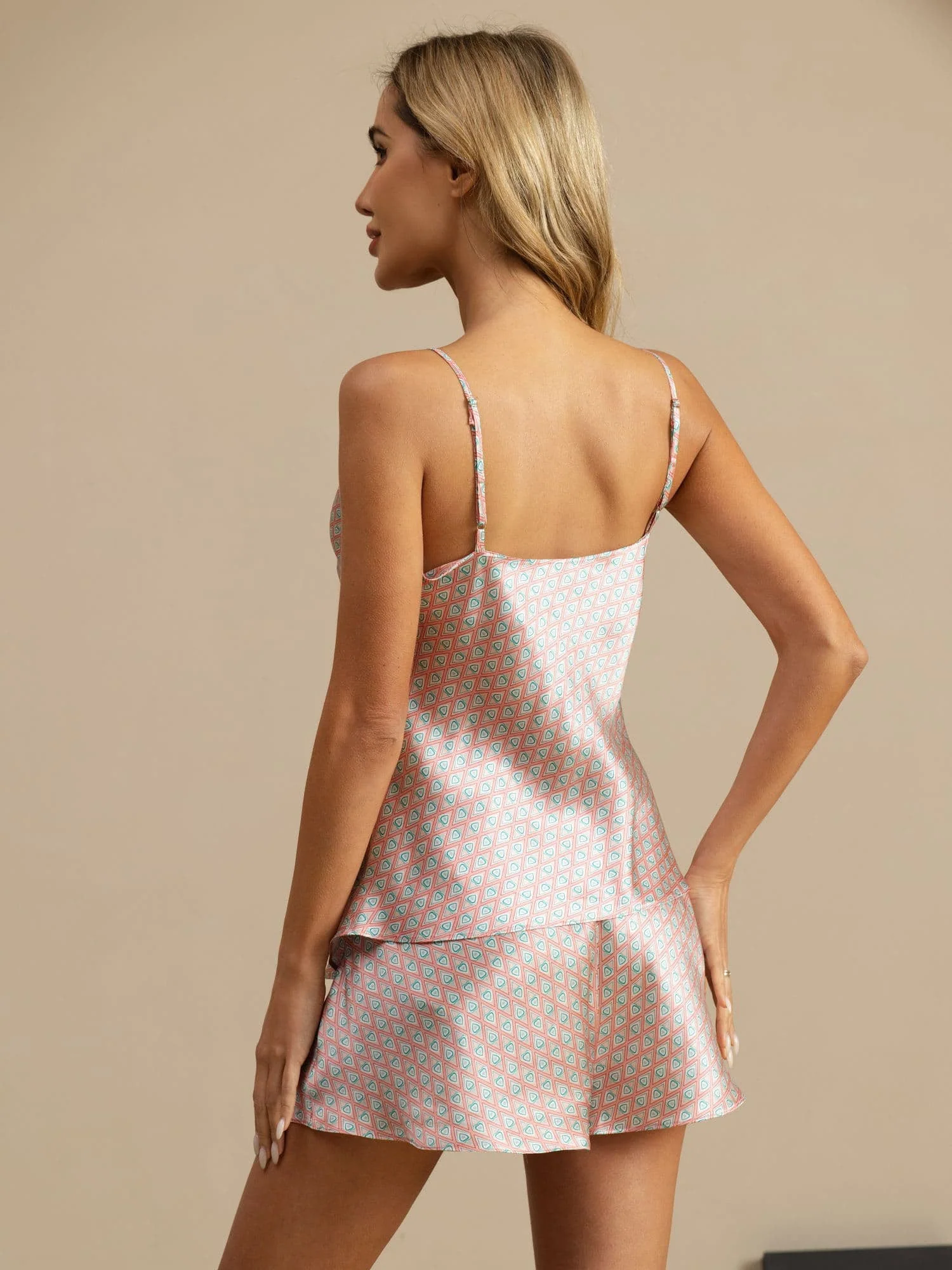 Reine Seide Geometrisches Print Spaghetti Träger V Ausschnitt Camisole Set - Image 7