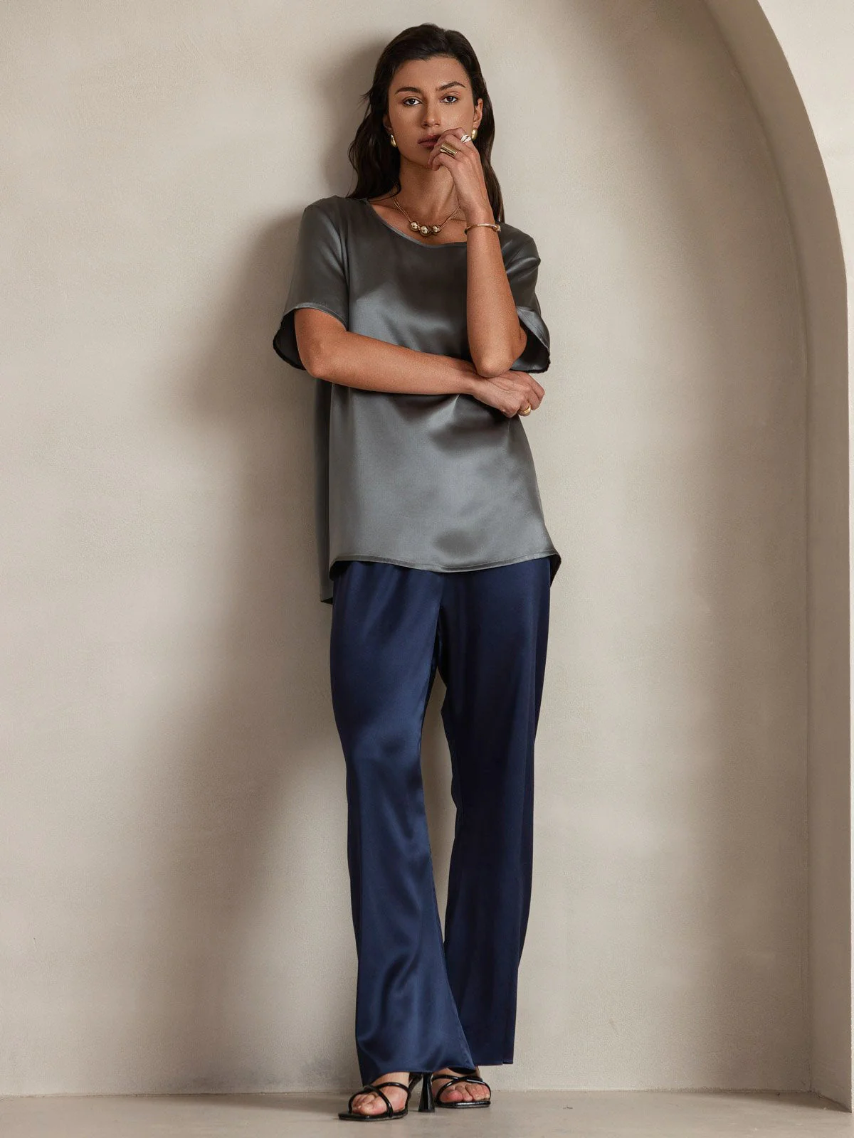 Clearance(Versand nur nach DE) - Reine Seide Kurzarm T-Shirt  (Hosen nicht enthalten) - Image 12