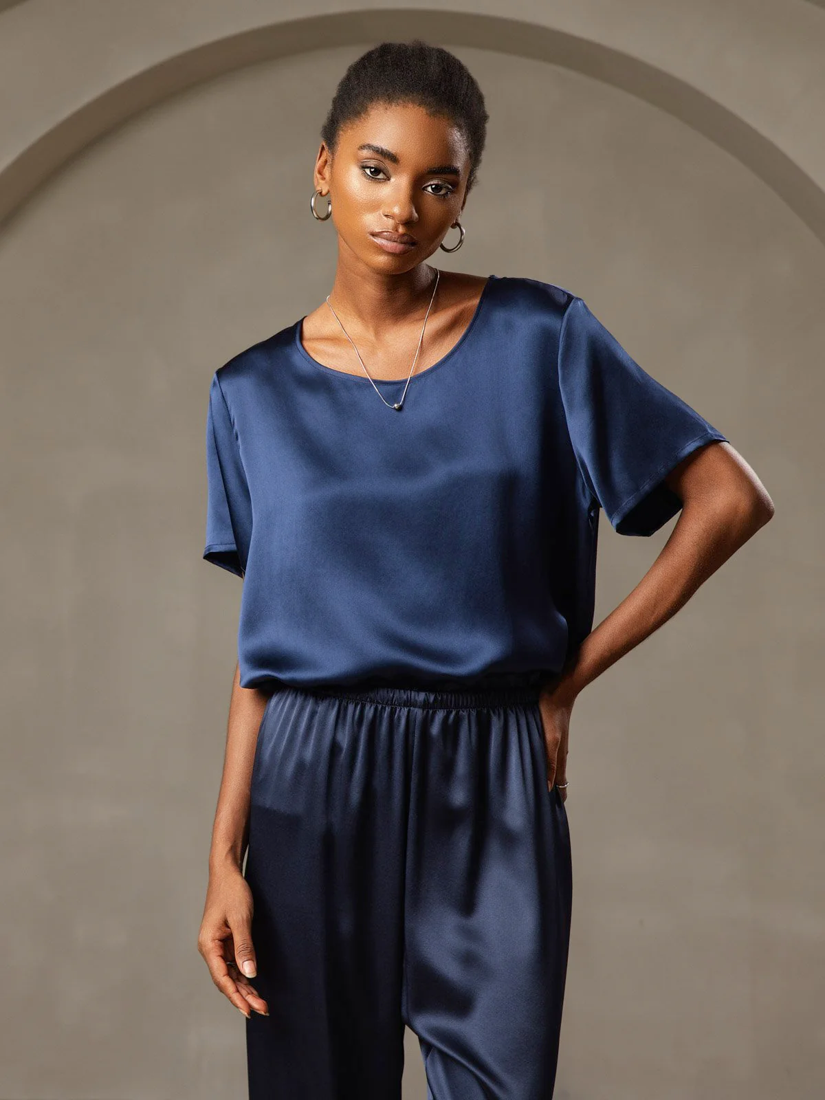 Clearance(Versand nur nach DE) - Reine Seide Kurzarm T-Shirt  (Hosen nicht enthalten) - Image 15