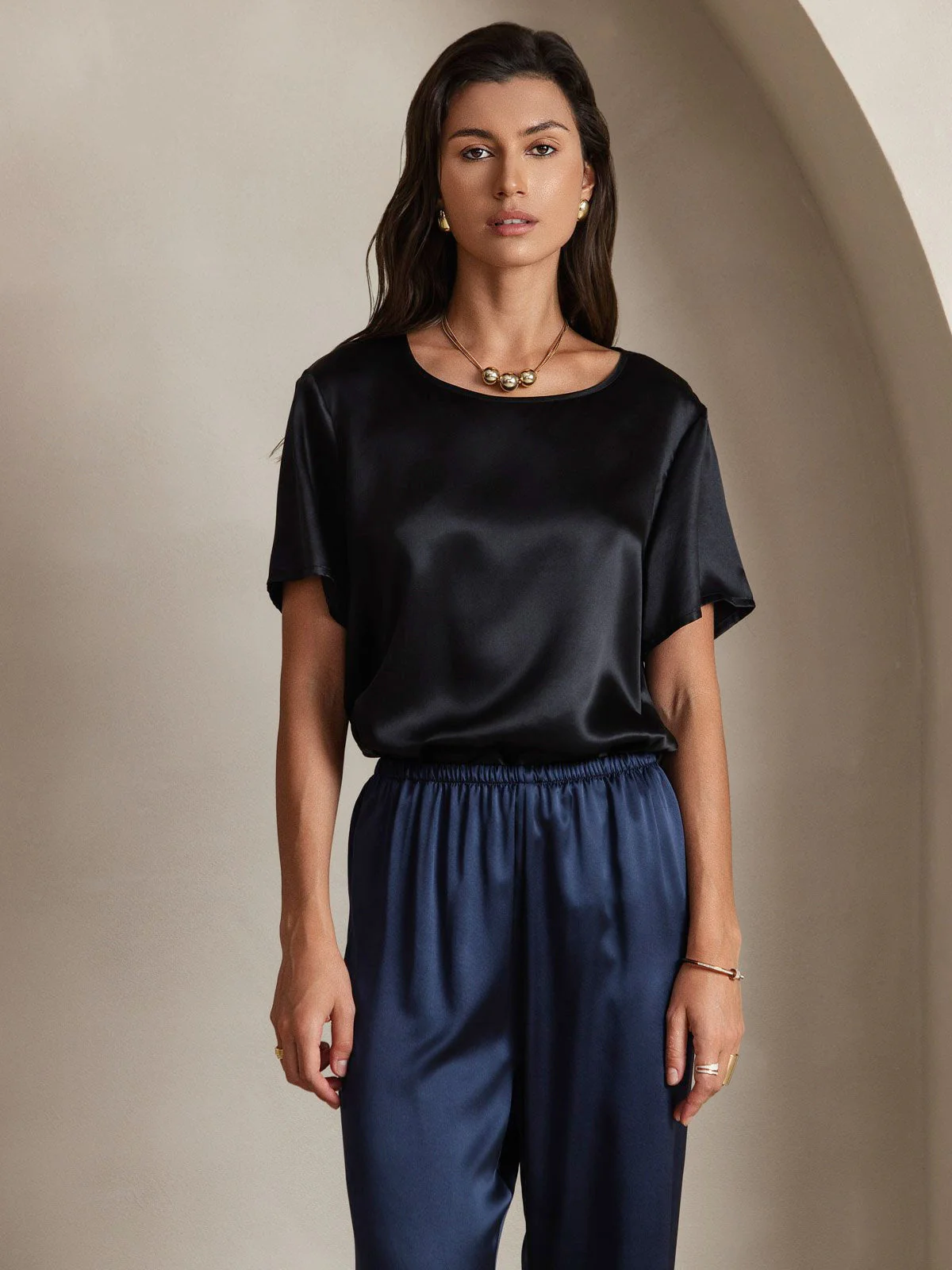 Clearance(Versand nur nach DE) - Reine Seide Kurzarm T-Shirt  (Hosen nicht enthalten) - Image 3