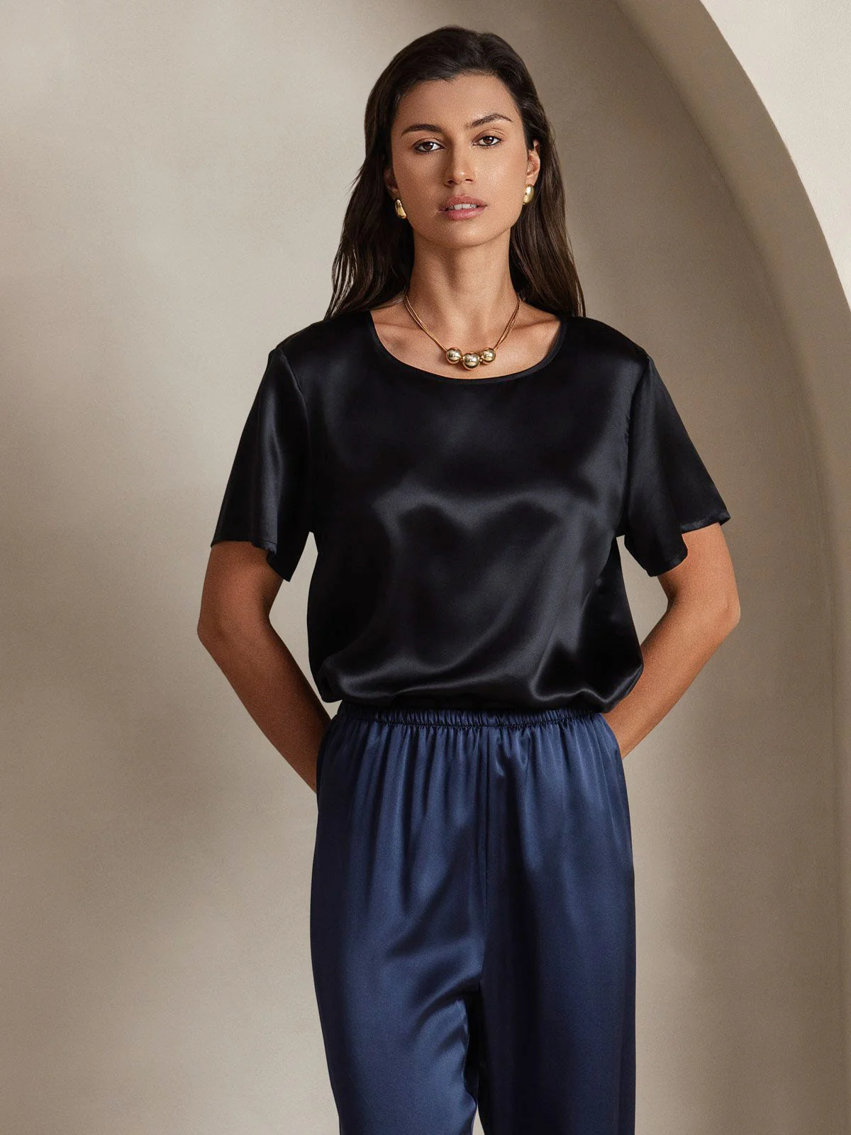 Clearance(Versand nur nach DE) - Reine Seide Kurzarm T-Shirt  (Hosen nicht enthalten) - Image 5