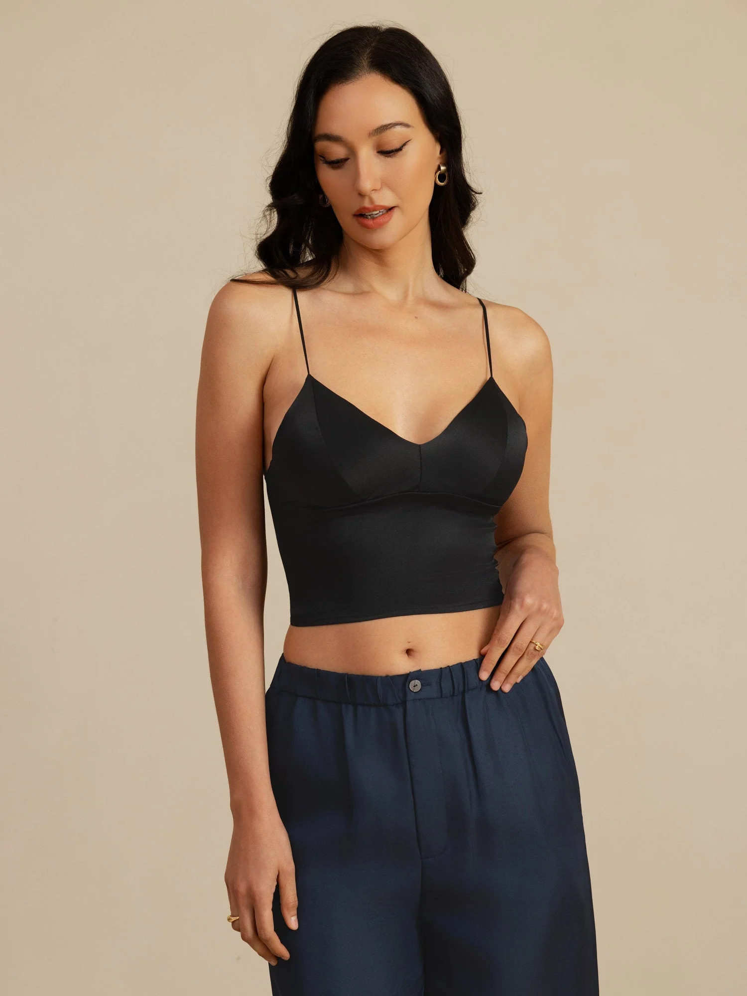 19Momme Seiden Crop Top Spaghetti Träger V Ausschnitt Camisole Mit Eingebautem BH - Image 11