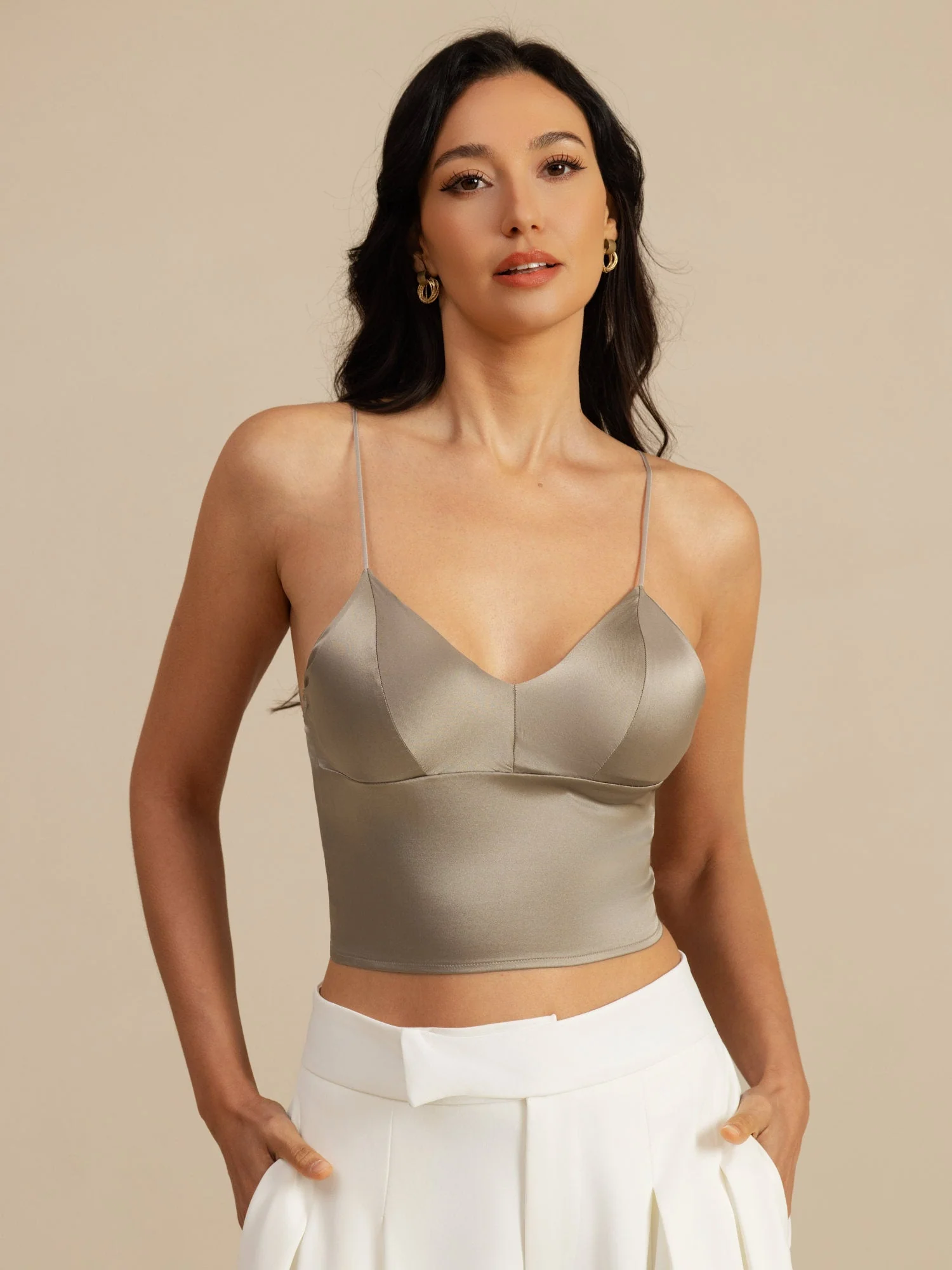 19Momme Seiden Crop Top Spaghetti Träger V Ausschnitt Camisole Mit Eingebautem BH - Image 16