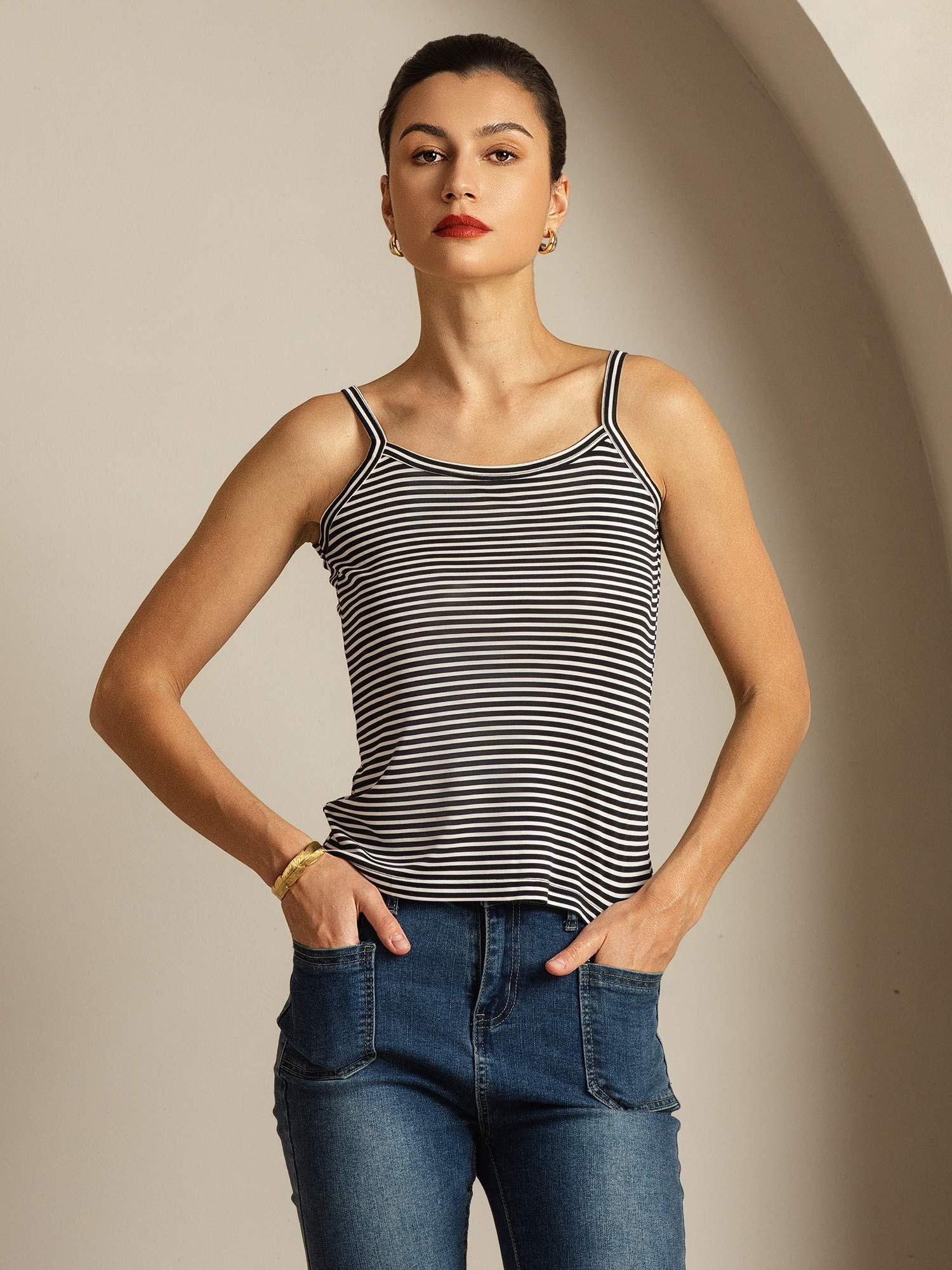 Reines Seiden Spaghettiträger Quadratischer Ausschnitt Gestreiftes Camisole Top - Image 6