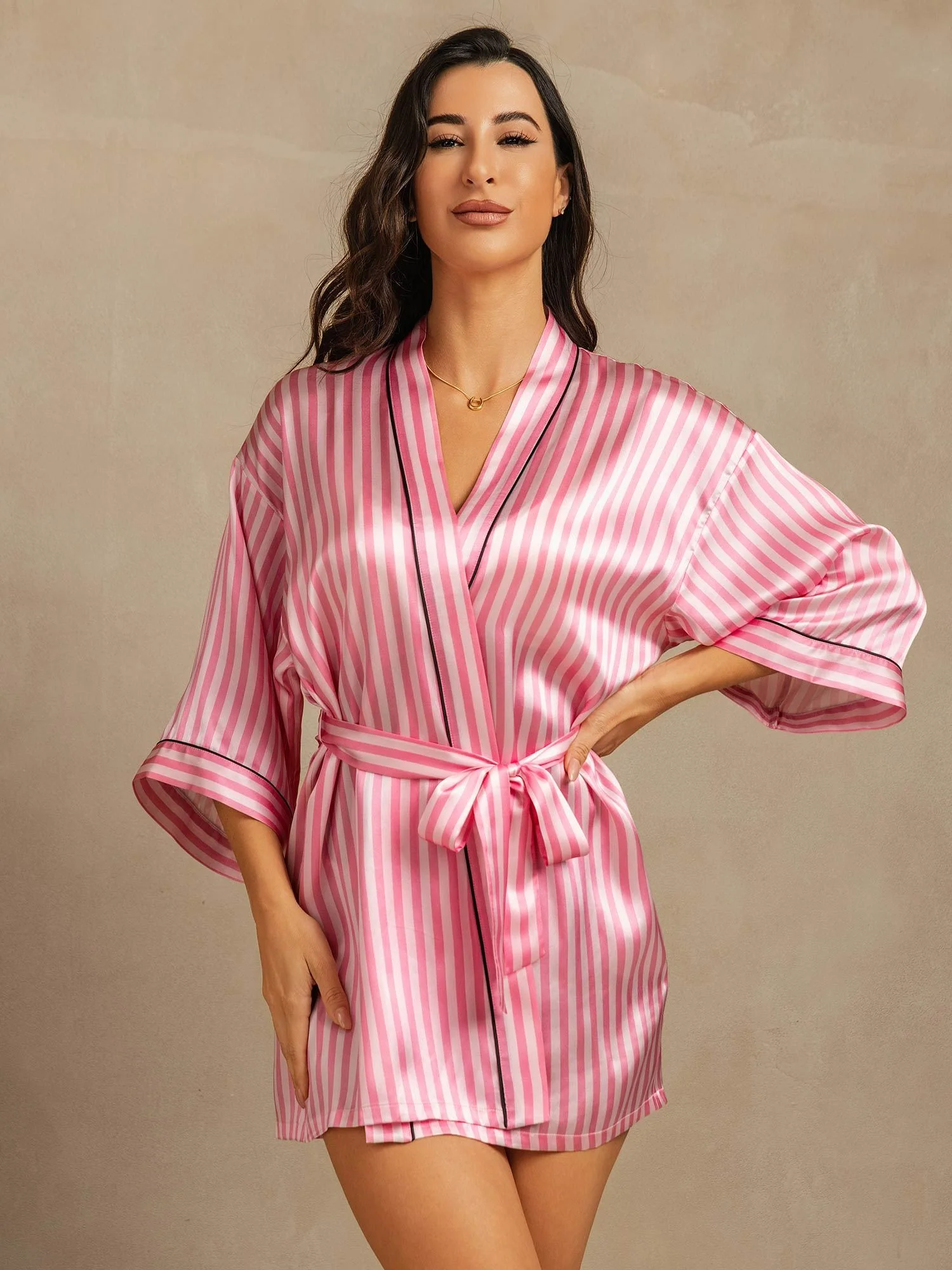 Clearance - Reiner Seiden-Streifen Druck Damen Gürtel Kurze Kimono Robe - Image 3