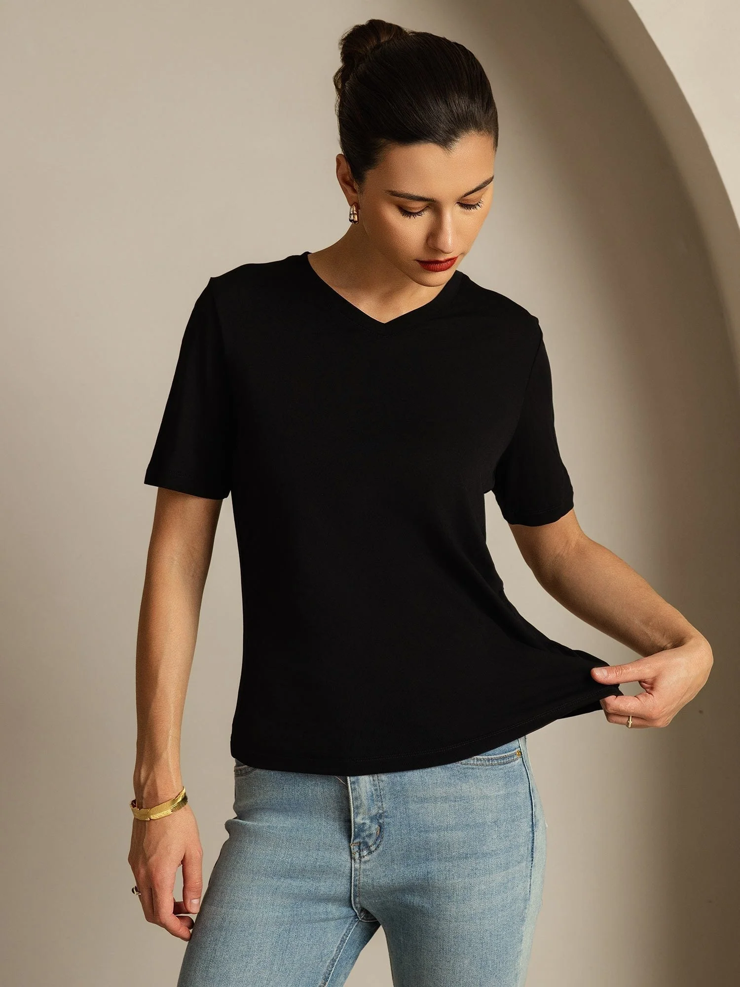 Pure Seide V-Ausschnitt Damen T-Shirt - Image 3