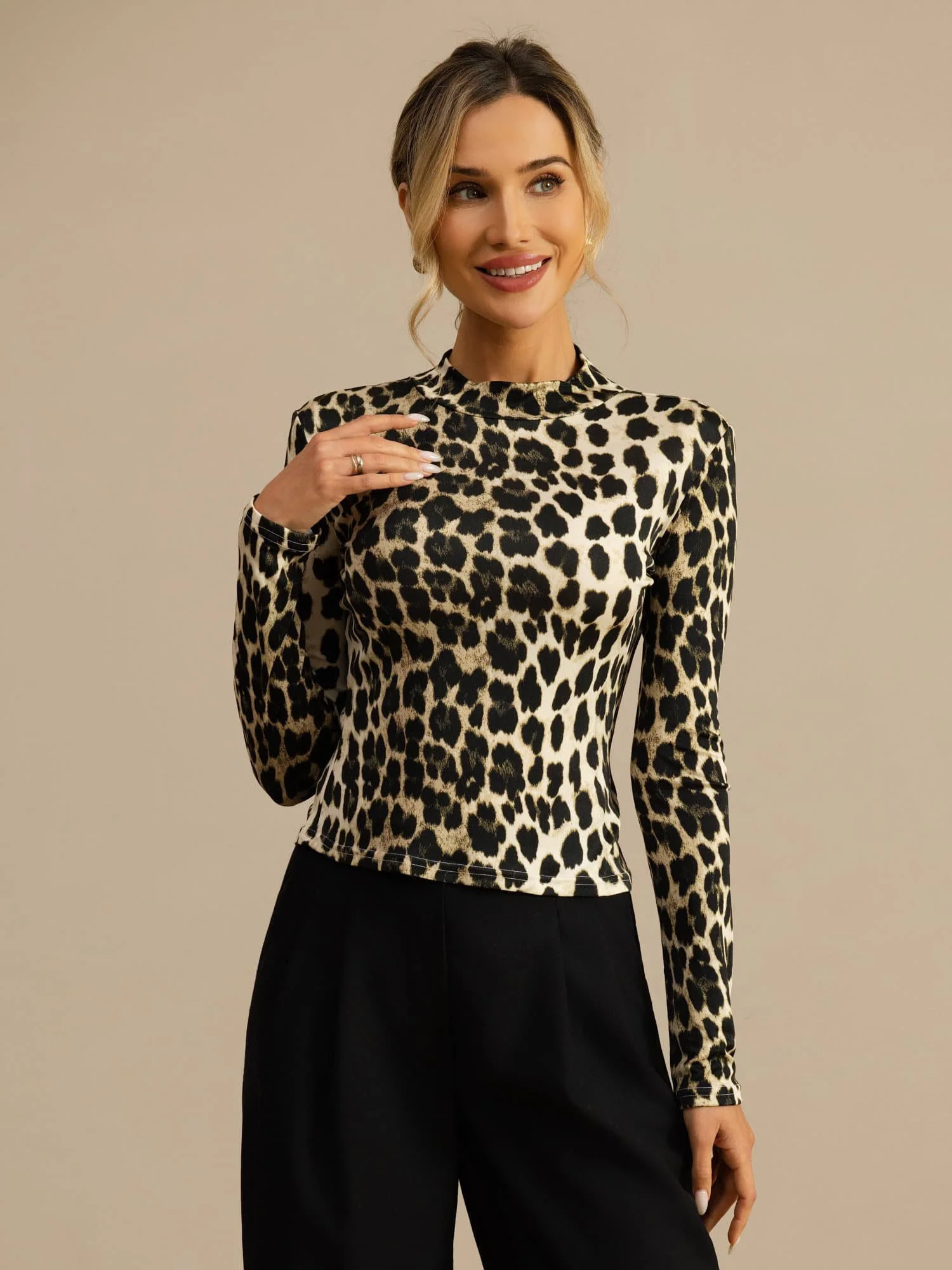 Pure Seide Damen Wildtier Print Langarm Mock Neck Oberteil - Image 19