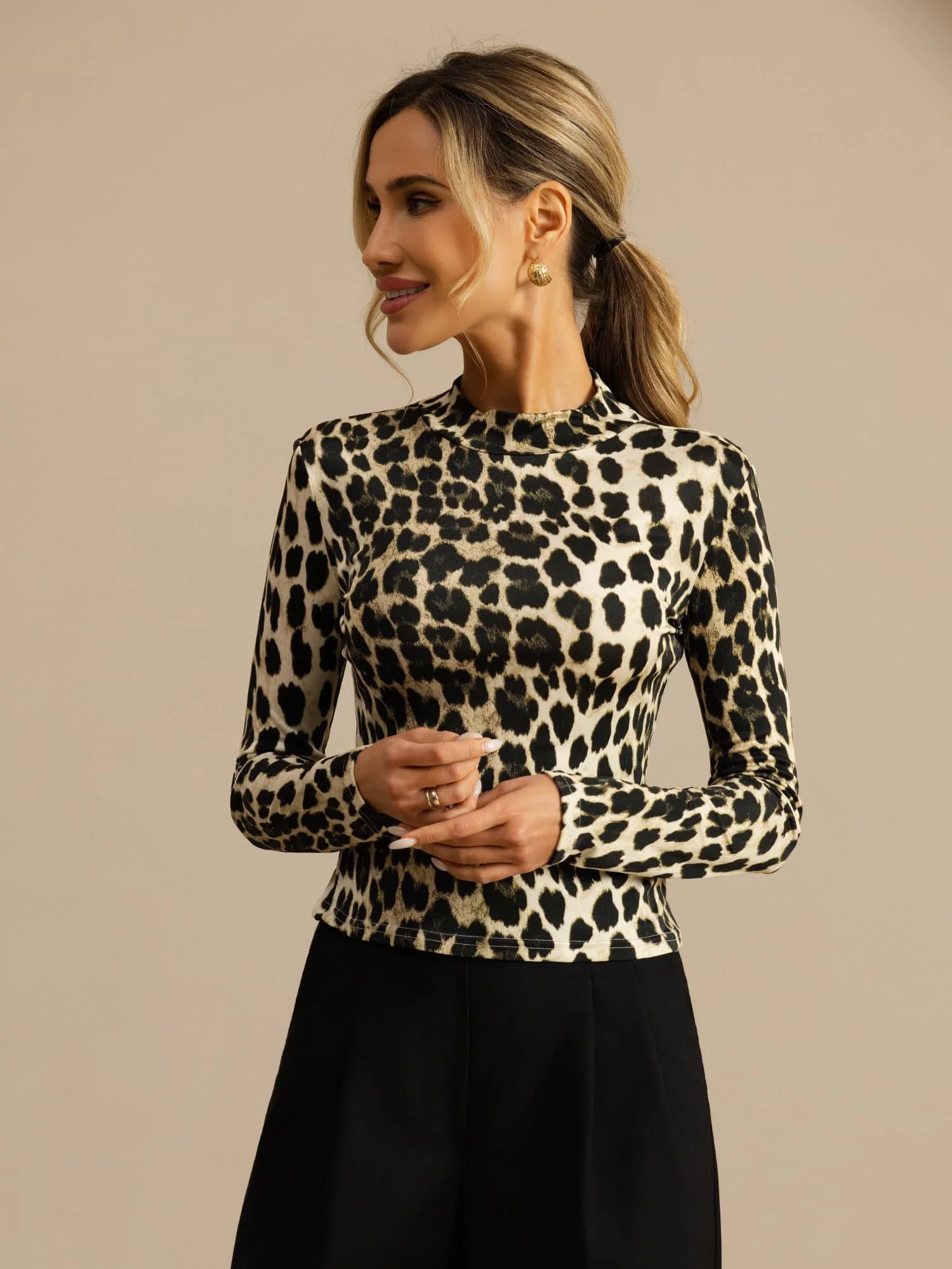 Pure Seide Damen Wildtier Print Langarm Mock Neck Oberteil - Image 20