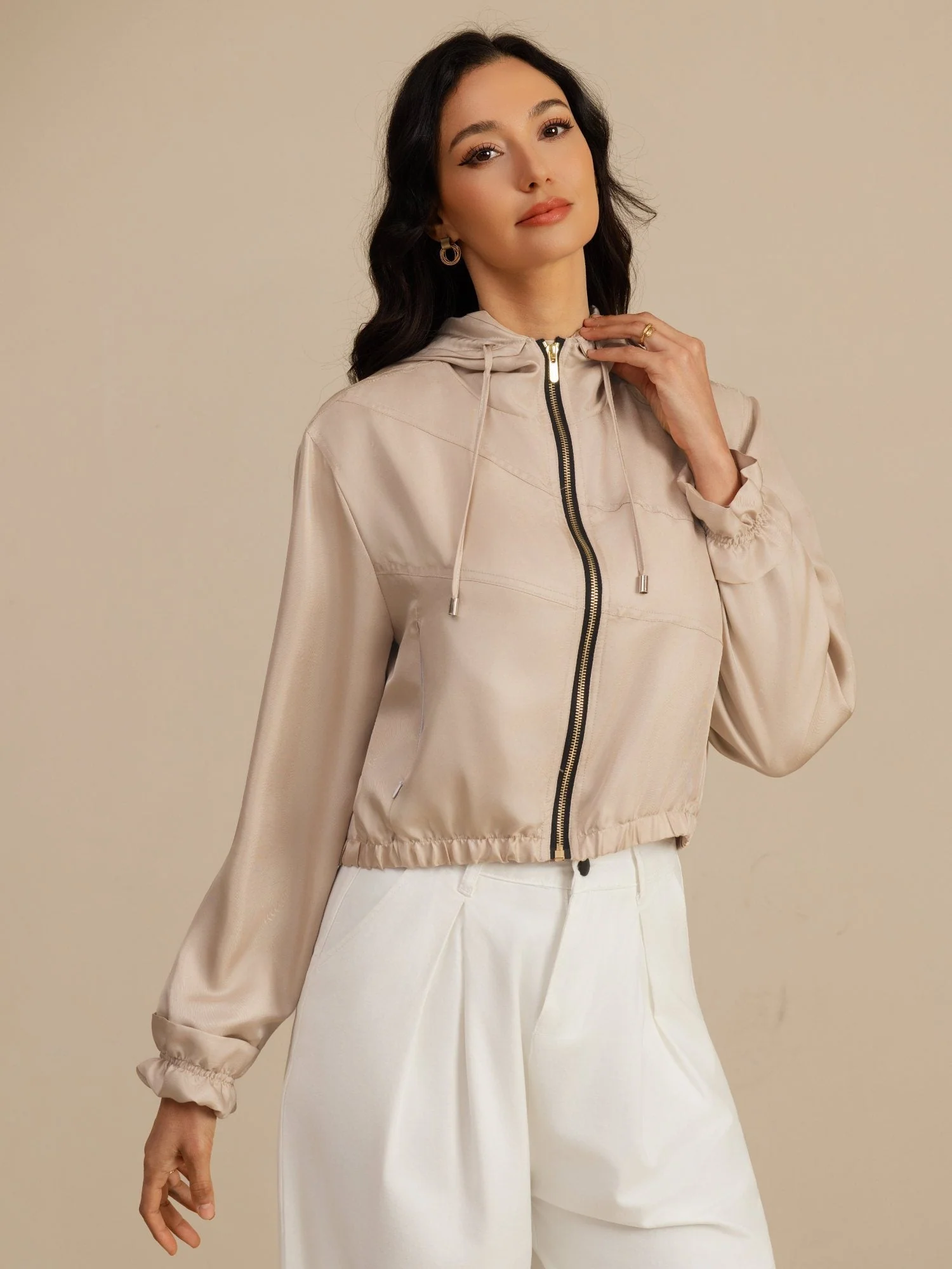Reine Seide Damen Kurze Kapuzenjacke Mit Taschen - Image 19