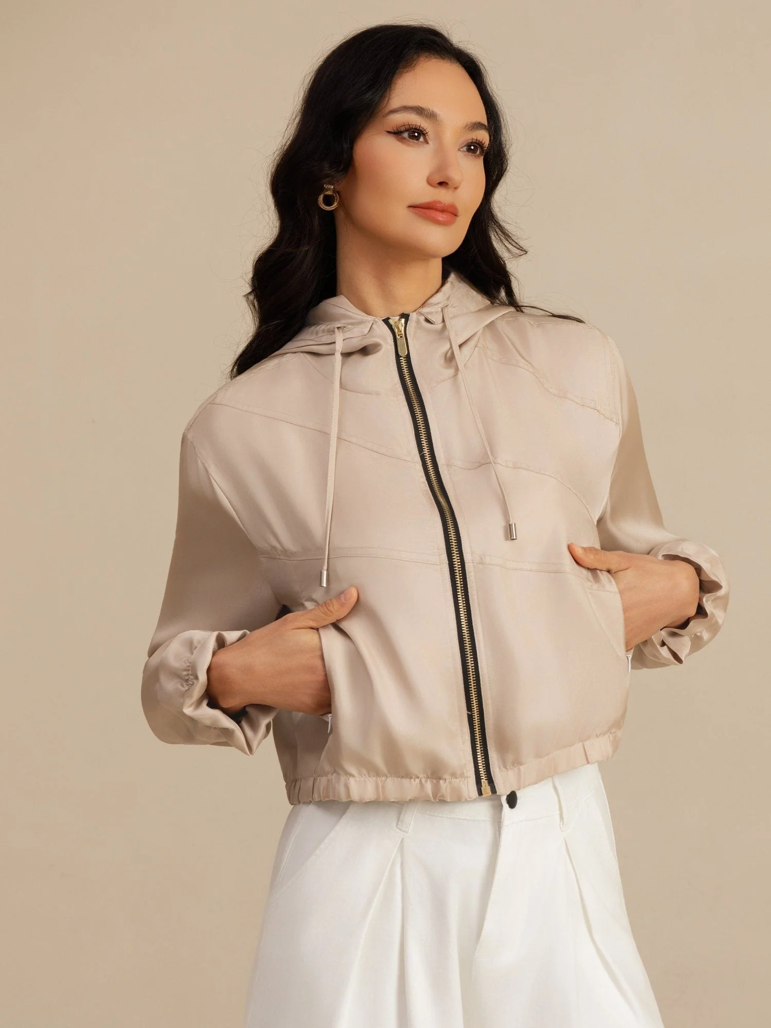 Reine Seide Damen Kurze Kapuzenjacke Mit Taschen - Image 20