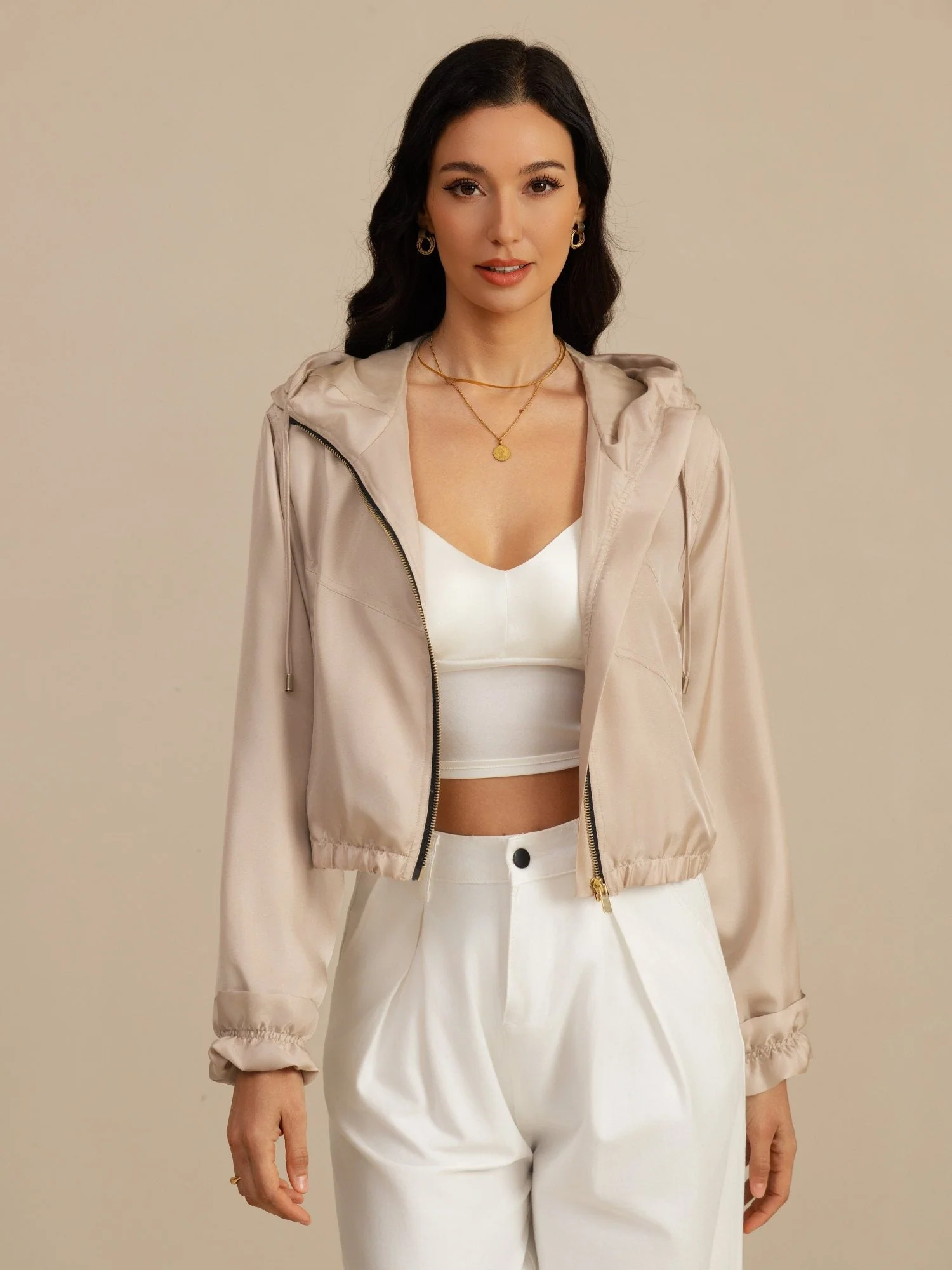 Reine Seide Damen Kurze Kapuzenjacke Mit Taschen - Image 21
