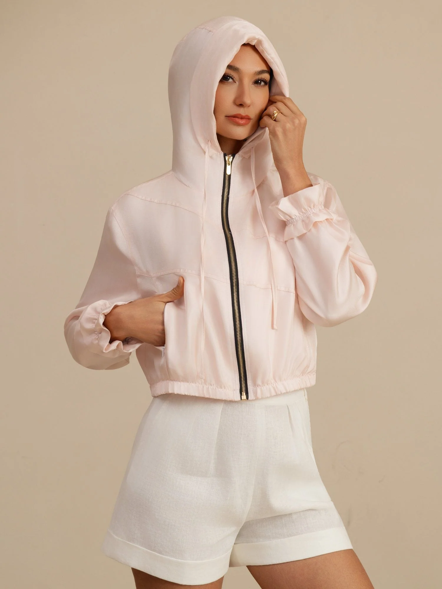 Reine Seide Damen Kurze Kapuzenjacke Mit Taschen - Image 30