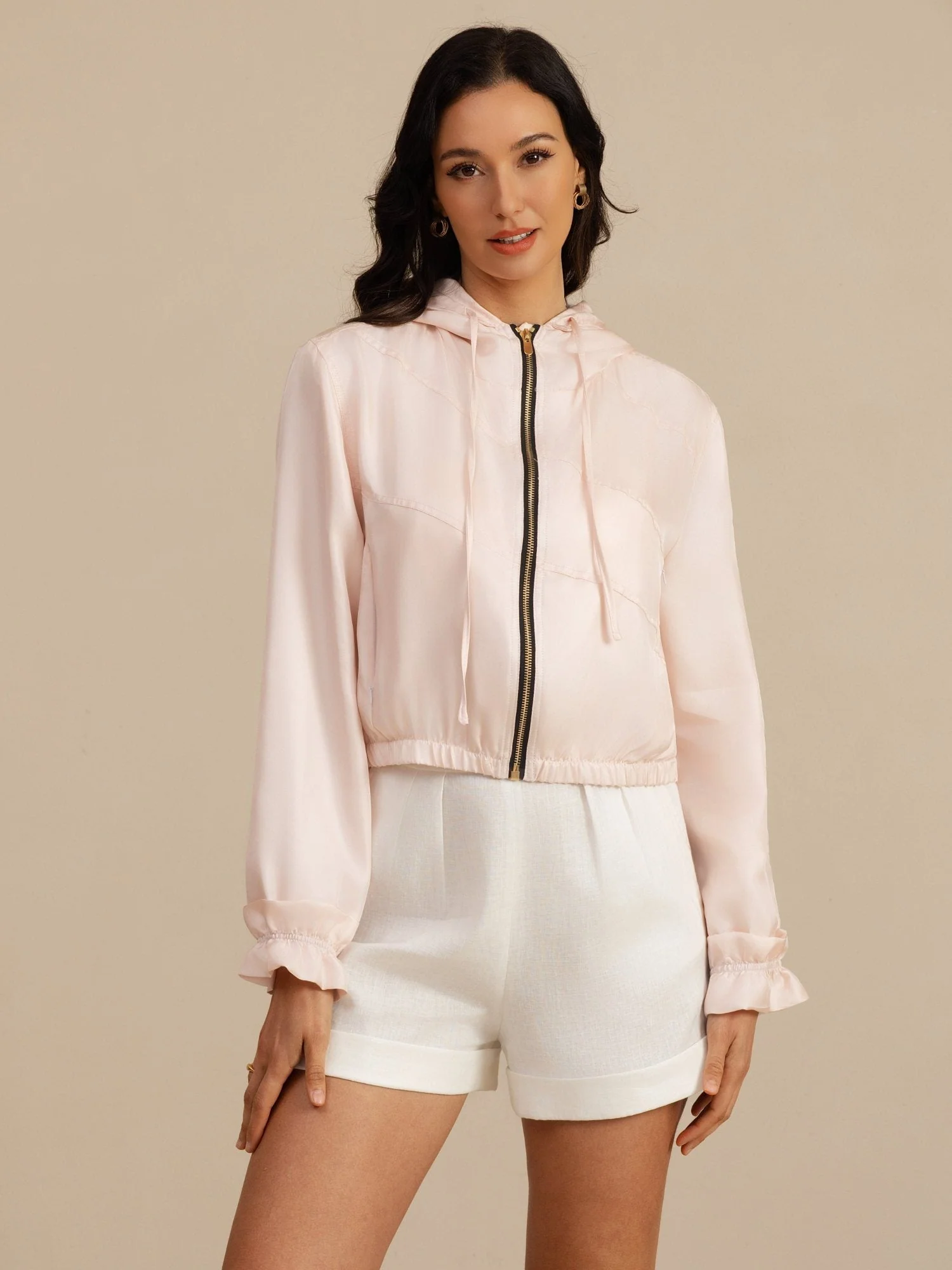 Reine Seide Damen Kurze Kapuzenjacke Mit Taschen - Image 31