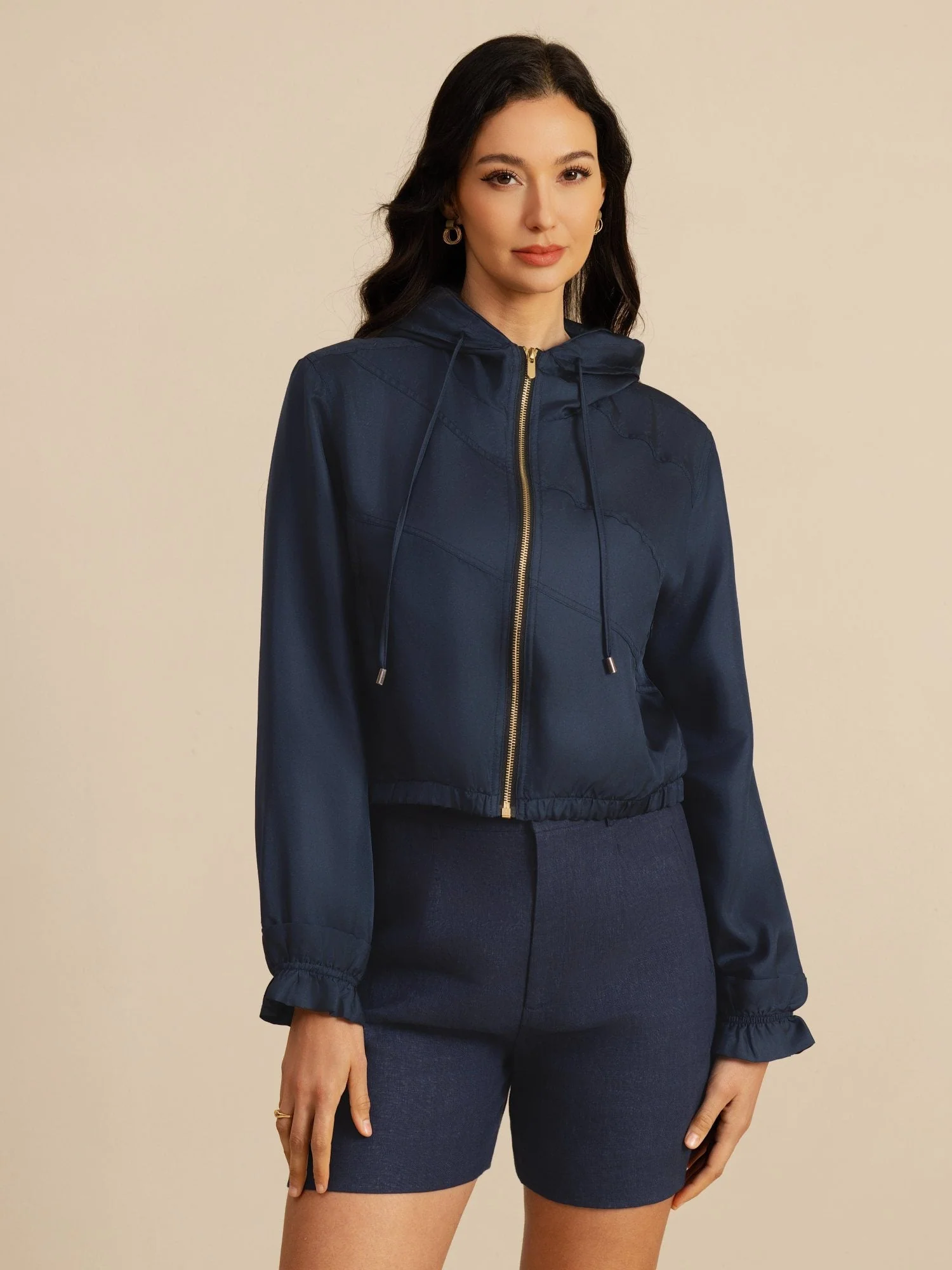 Reine Seide Damen Kurze Kapuzenjacke Mit Taschen - Image 4