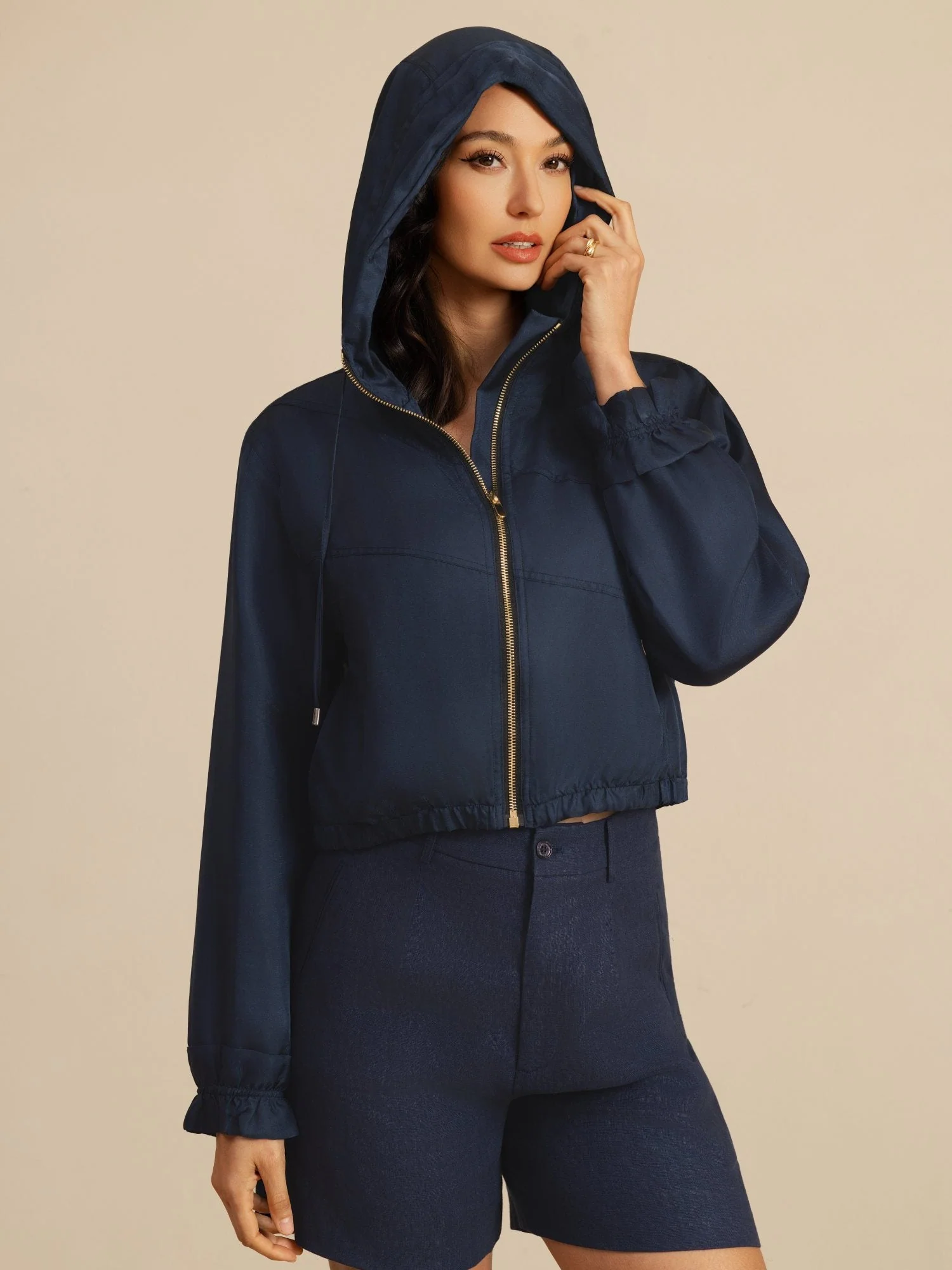 Reine Seide Damen Kurze Kapuzenjacke Mit Taschen - Image 5